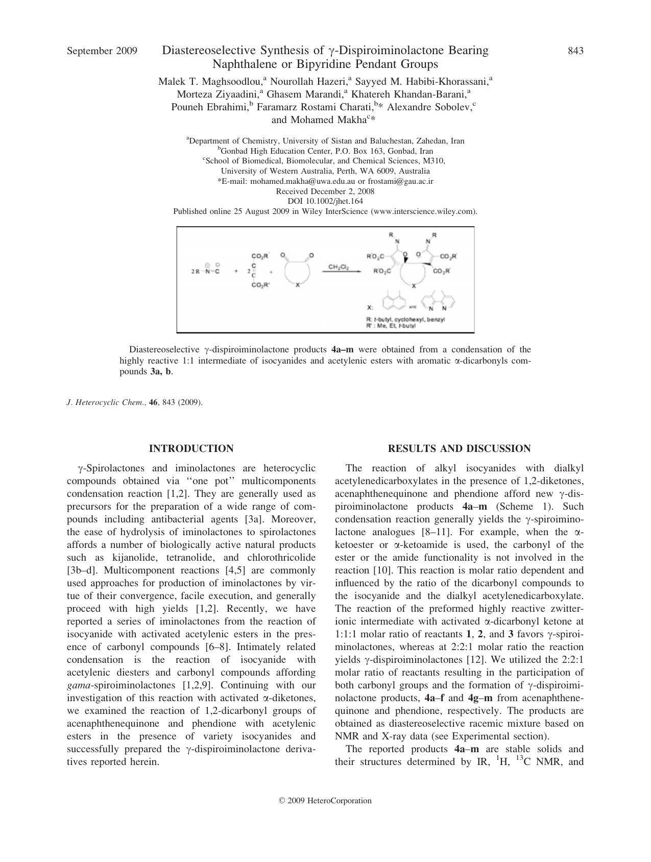 Diastereoselective synthesis of [gamma]-dispiroiminolactone bearing naphthalene or bipyridine pendant groups by Unknown