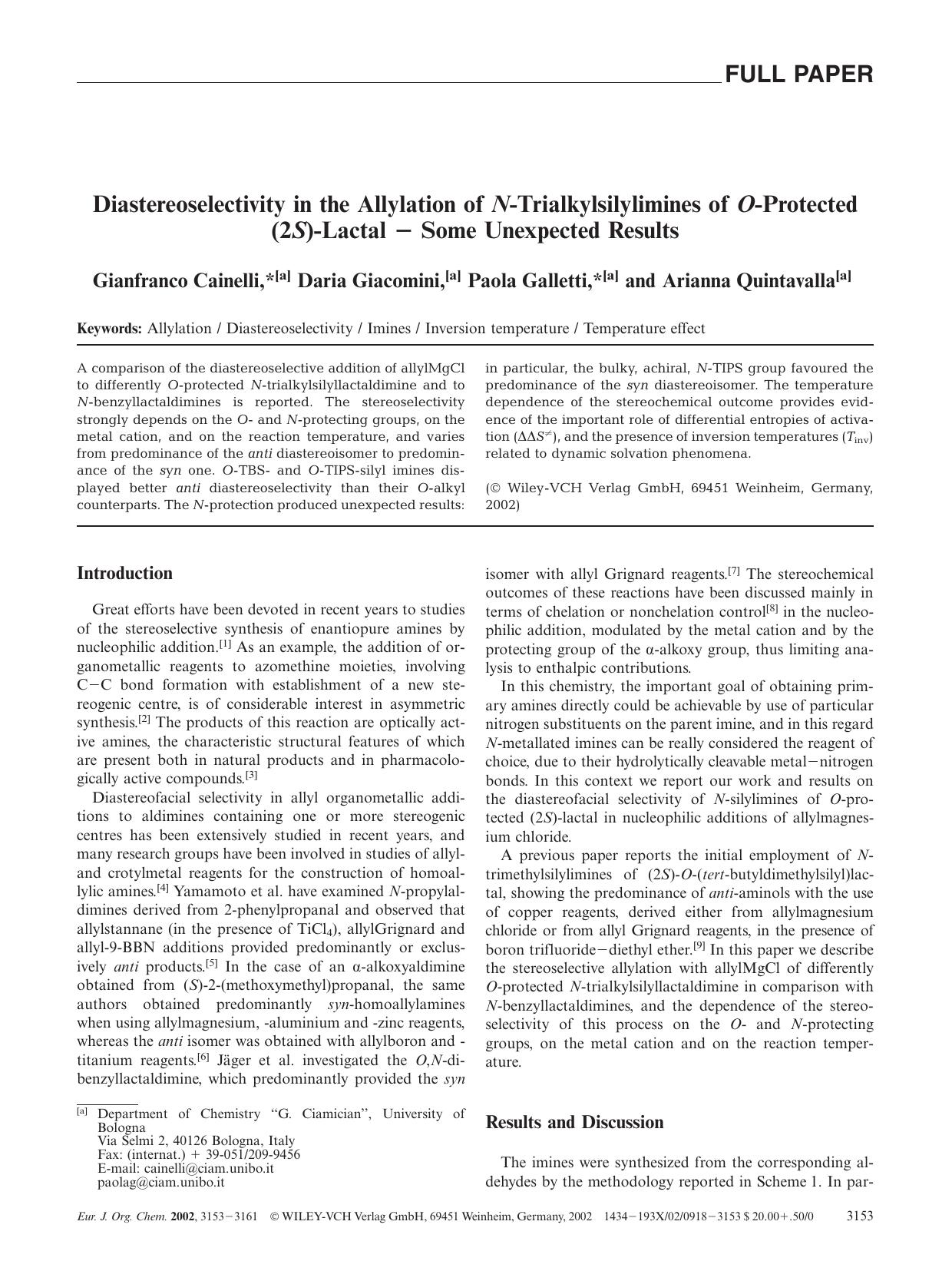 Diastereoselectivity in the Allylation of N-Trialkylsilylimines of O-Protected (2S)-Lactal - Some Unexpected Results by Unknown