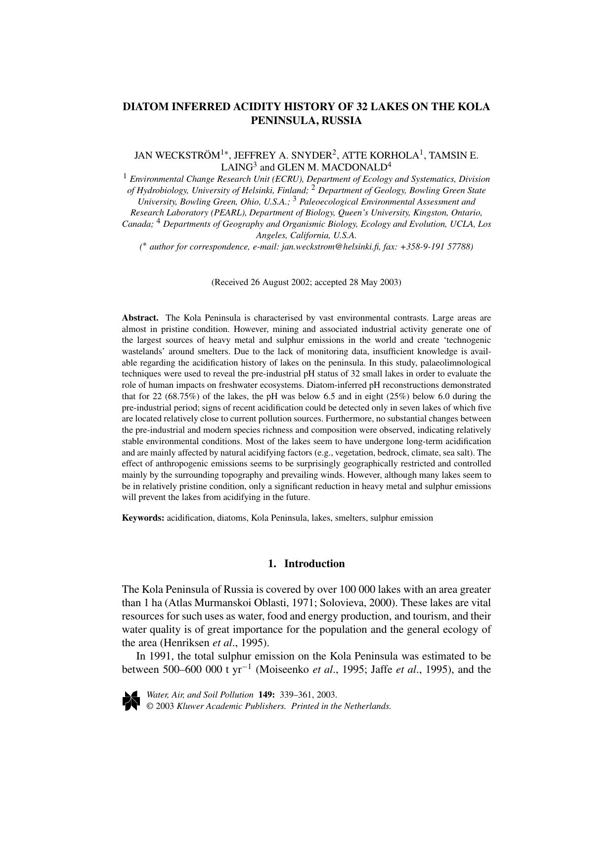 Diatom Inferred Acidity History Of 32 Lakes On The Kola Peninsula, Russia by Unknown