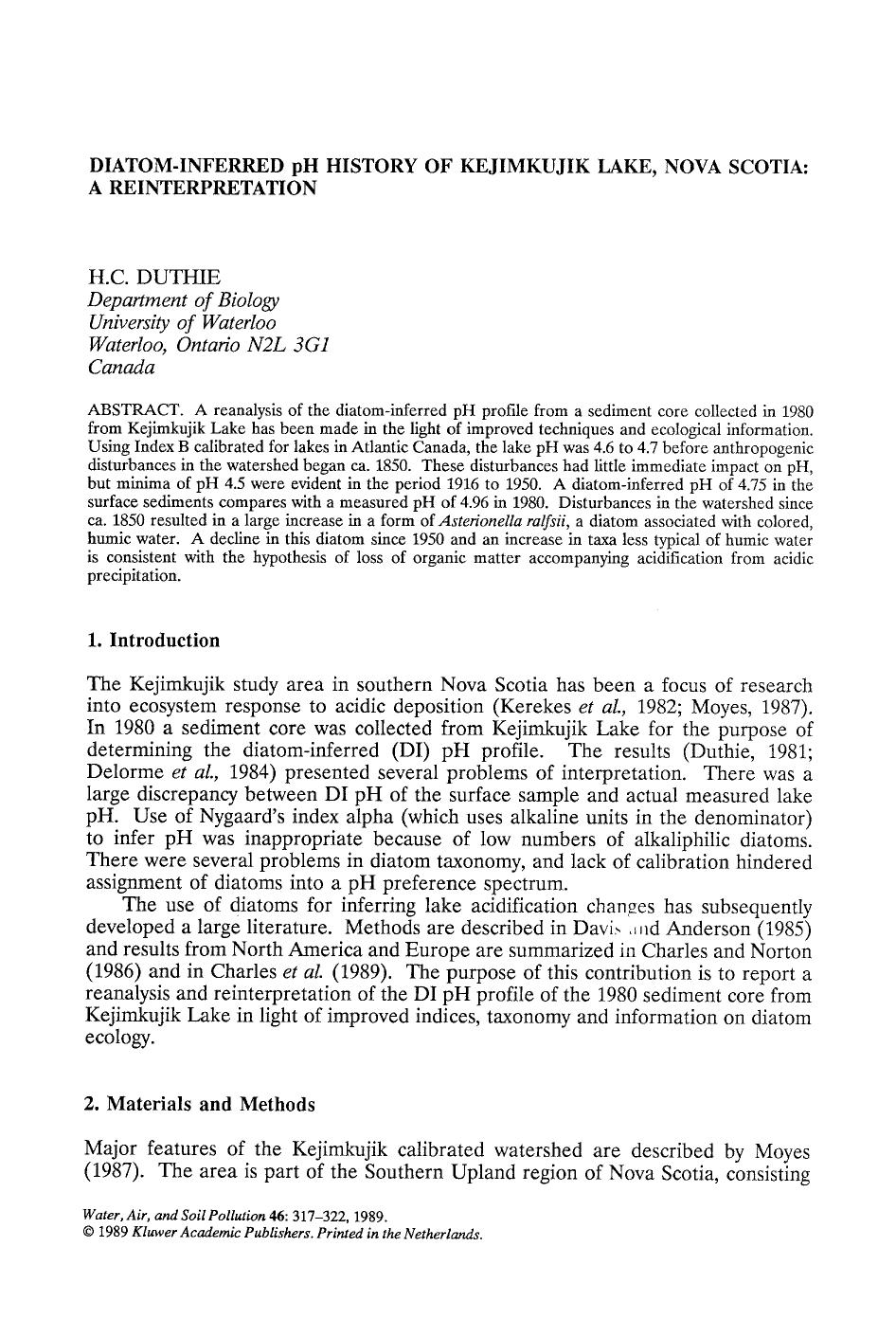 Diatom-inferred pH history of Kejimkujik Lake, Nova Scotia: A reinterpretation by Unknown
