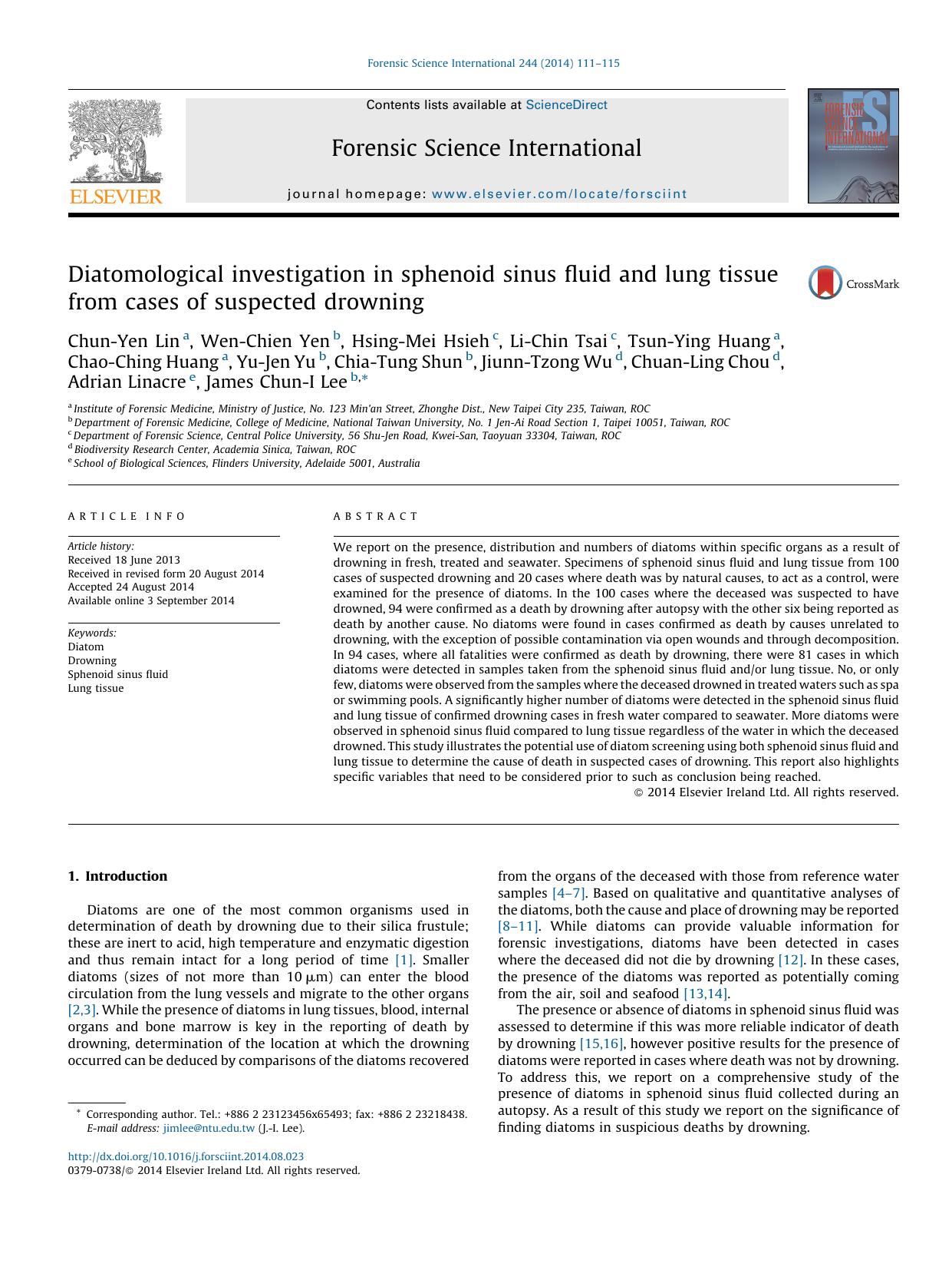 Diatomological investigation in sphenoid sinus fluid and lung tissue from cases of suspected drowning by unknow