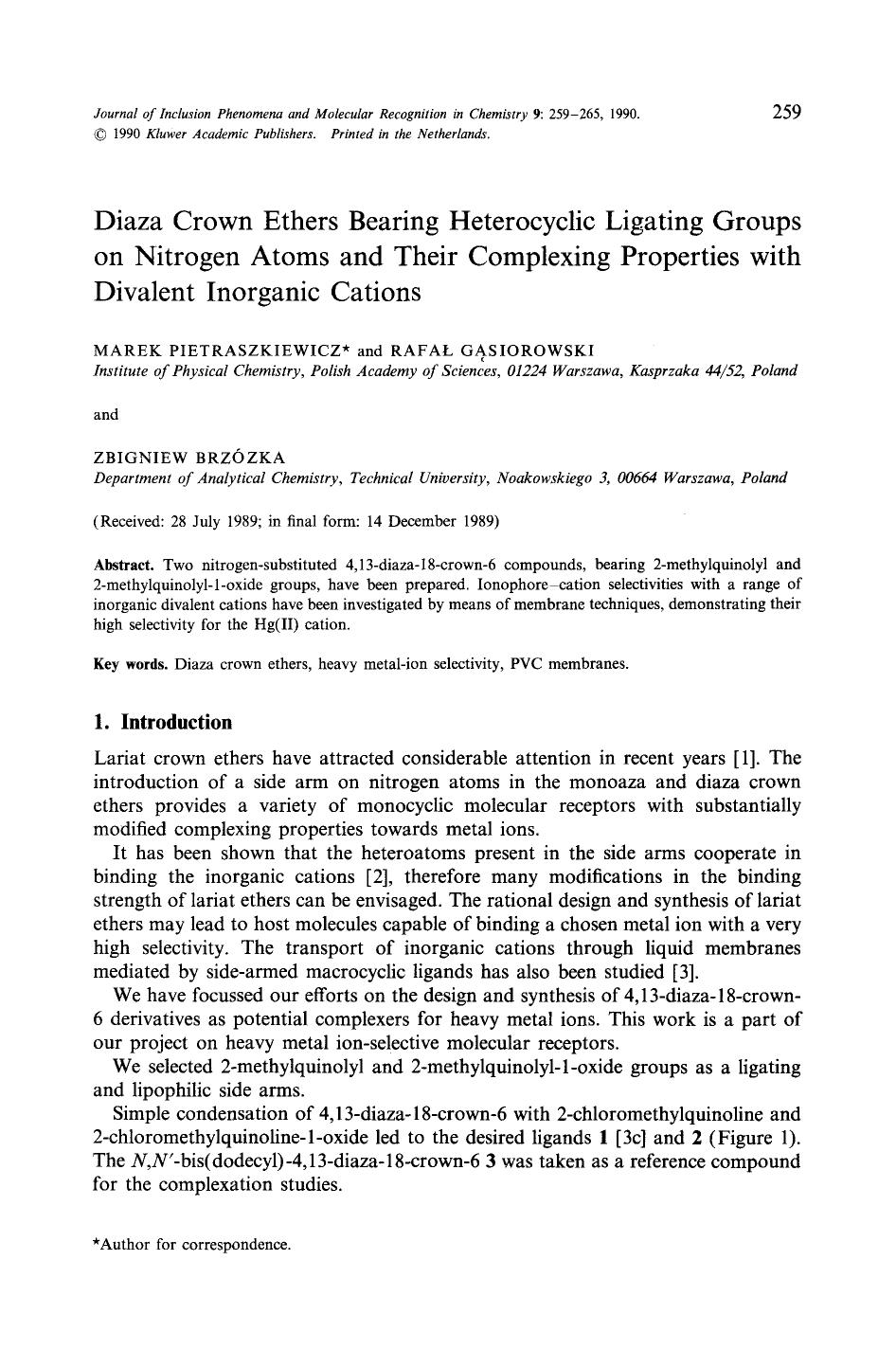 Diaza crown ethers bearing heterocyclic ligating groups on nitrogen atoms and their complexing properties with divalent inorganic cations by Unknown