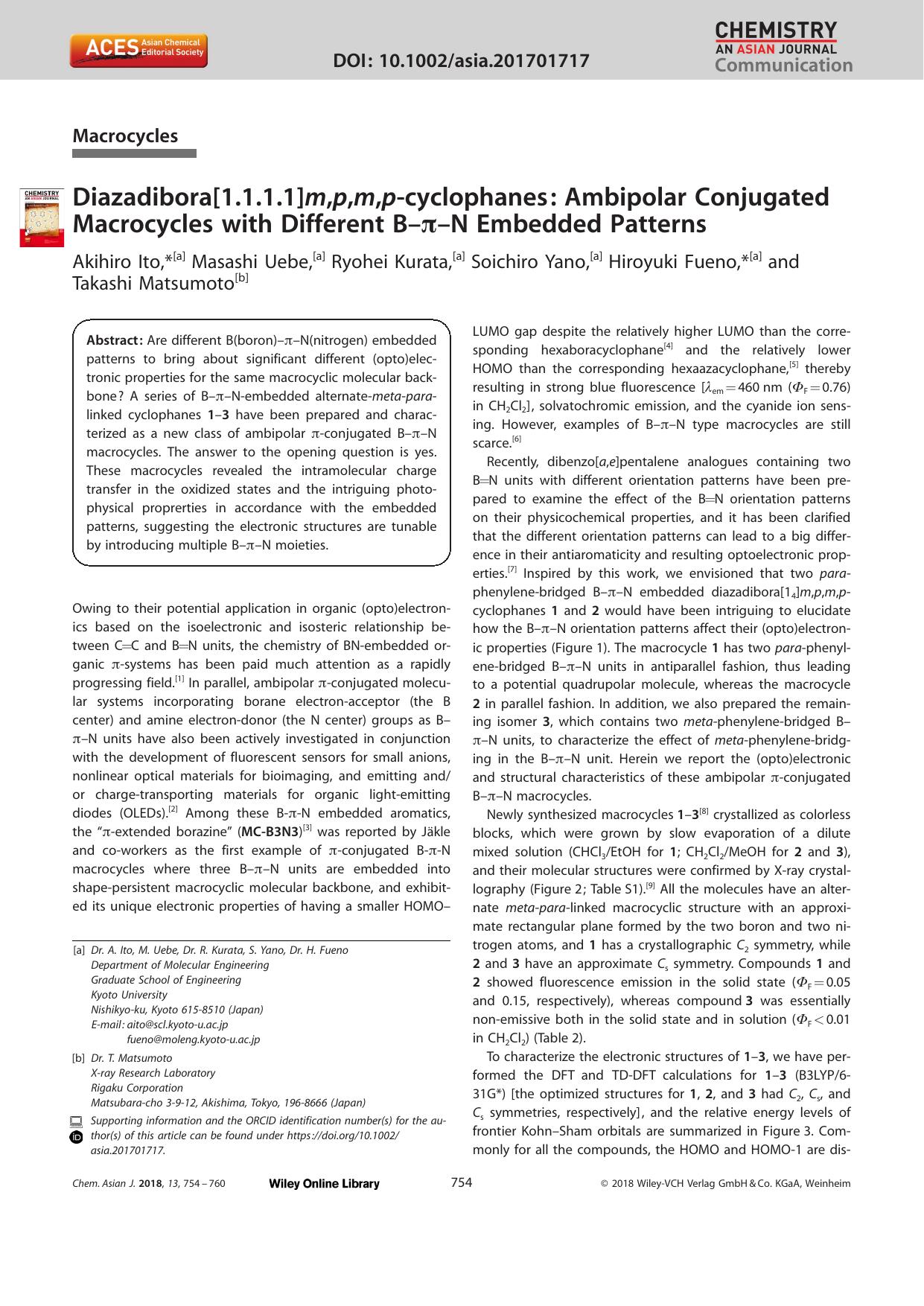 Diazadibora[1.1.1.1]m,p,m,pâcyclophanes: Ambipolar Conjugated Macrocycles with Different BâÏâN Embedded Patterns by Unknown