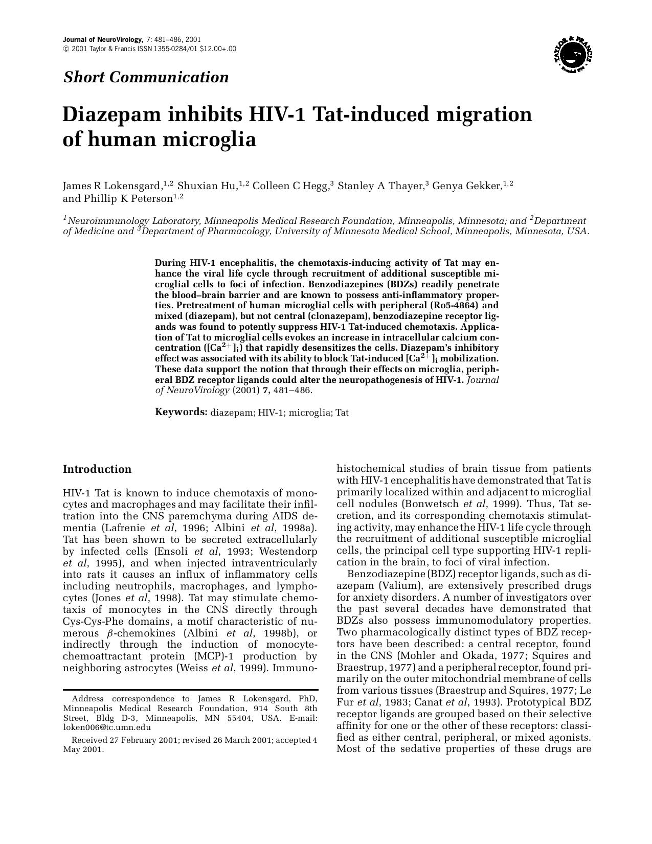 Diazepam inhibits HIV-1 Tat-induced migration of human microglia by Unknown