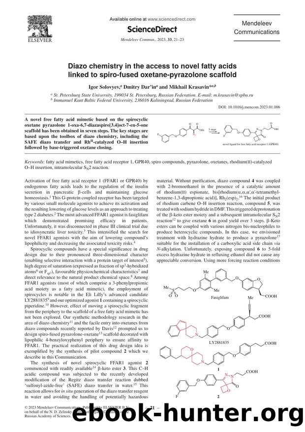 Diazo chemistry in the access to novel fatty acids linked to spiro-fused oxetane-pyrazolone scaffold by Igor Solovyev & Dmitry Dar'in & Mikhail Krasavin