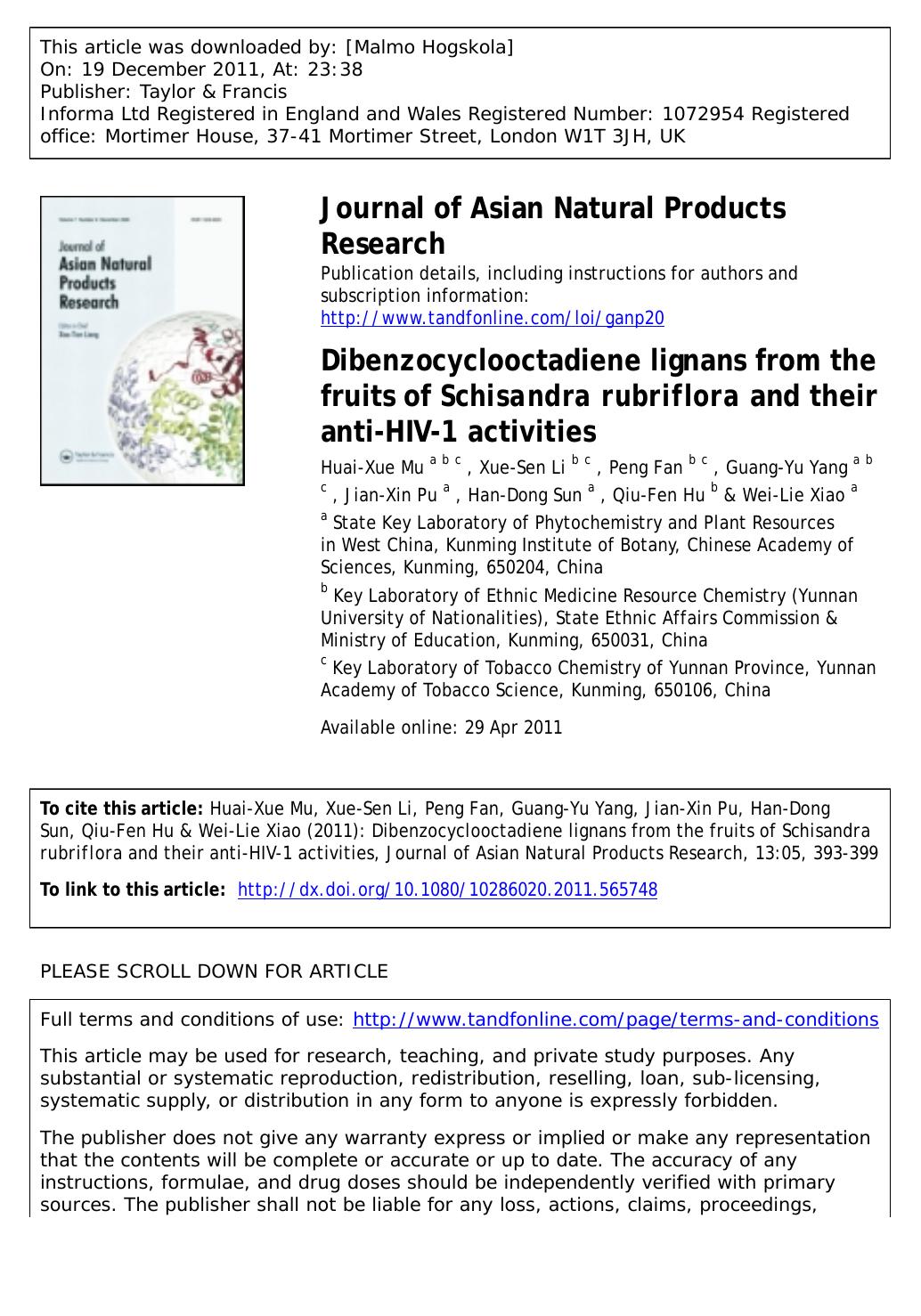 Dibenzocyclooctadiene lignans from the fruits of Schisandra rubriflora and their anti-HIV-1 activities by unknow