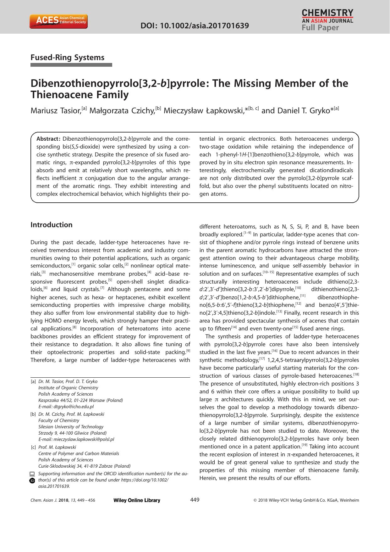 Dibenzothienopyrrolo[3,2âb]pyrrole: The Missing Member of the Thienoacene Family by Unknown