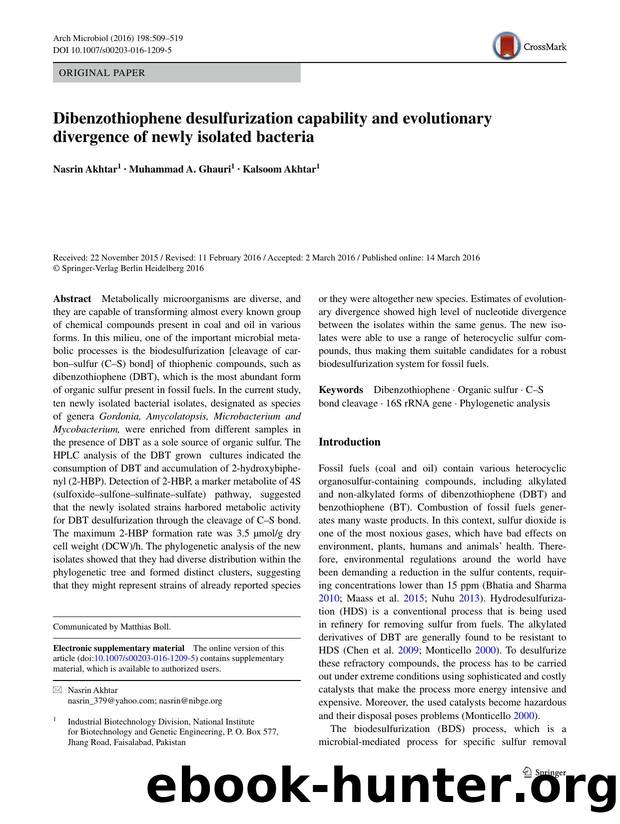 Dibenzothiophene desulfurization capability and evolutionary divergence of newly isolated bacteria by Nasrin Akhtar & Muhammad A. Ghauri & Kalsoom Akhtar