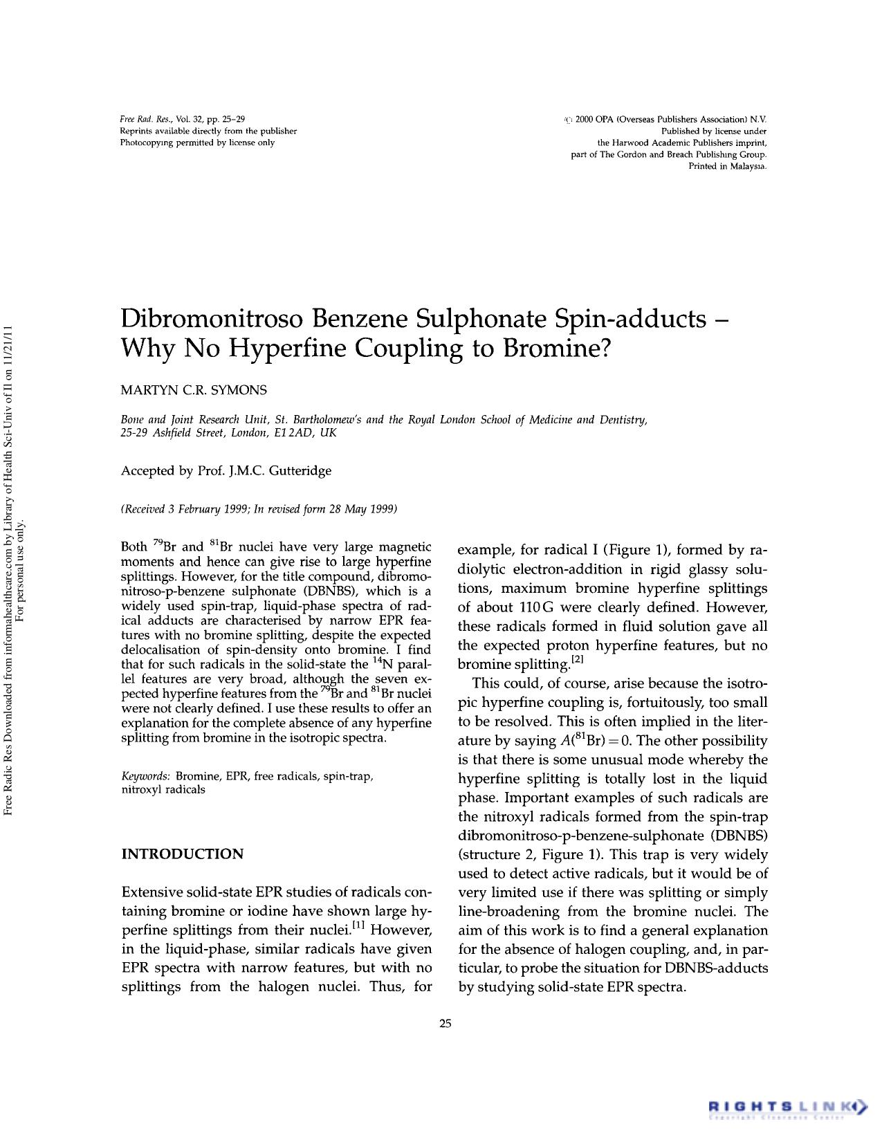Dibromonitroso benzene sulphonate spin-adducts â Why no hyperfine coupling to bromine? by Martyn C.R. Symons