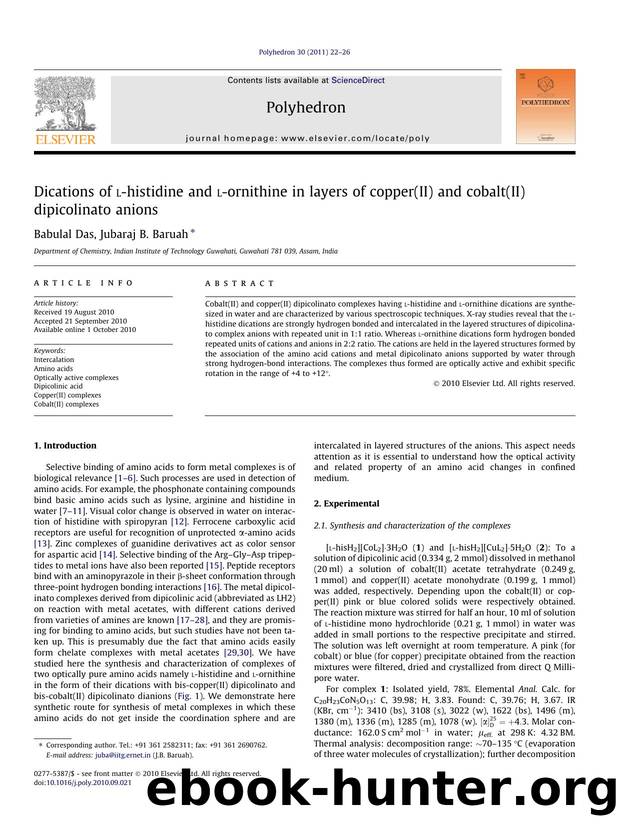 Dications of l-histidine and l-ornithine in layers of copper(II) and cobalt(II) dipicolinato anions by Babulal Das & Jubaraj B. Baruah