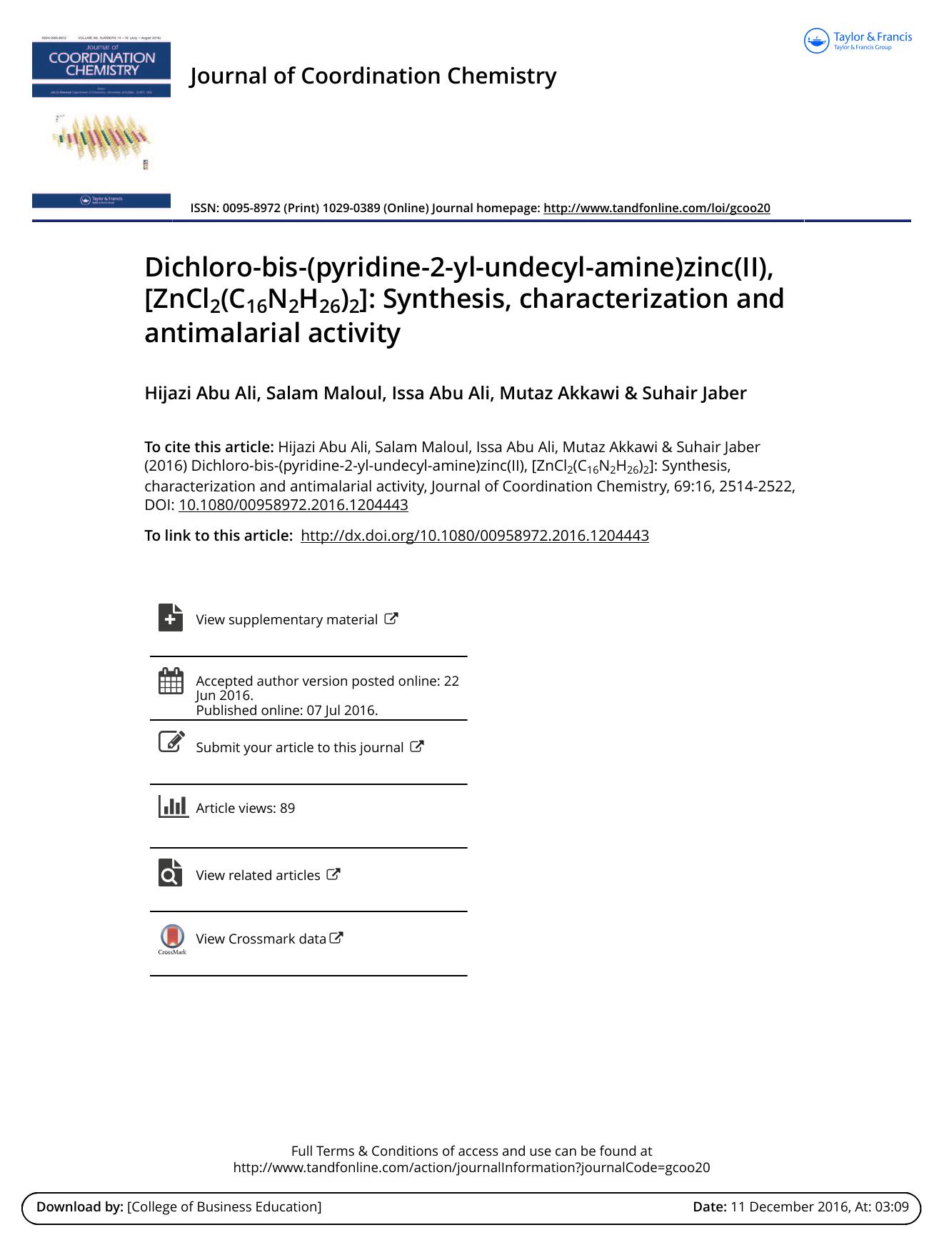 Dichloro-bis-(pyridine-2-yl-undecyl-amine)zinc(II), [ZnCl2(C16N2H26)2]: Synthesis, characterization and antimalarial activity by Hijazi Abu Ali & Salam Maloul & Issa Abu Ali & Mutaz Akkawi & Suhair Jaber