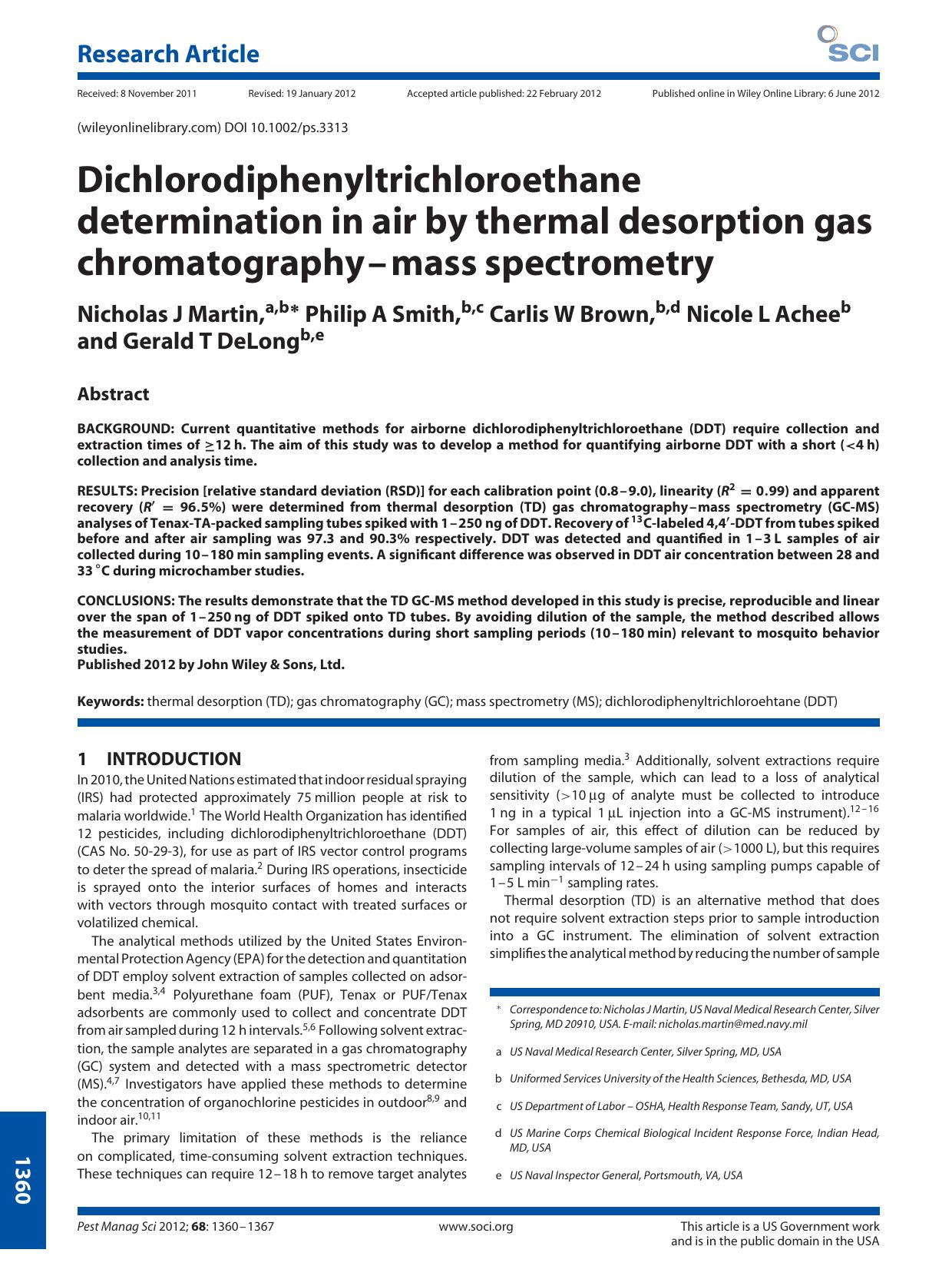 Dichlorodiphenyltrichloroethane determination in air by thermal desorption gas chromatographymass spectrometry by Unknown