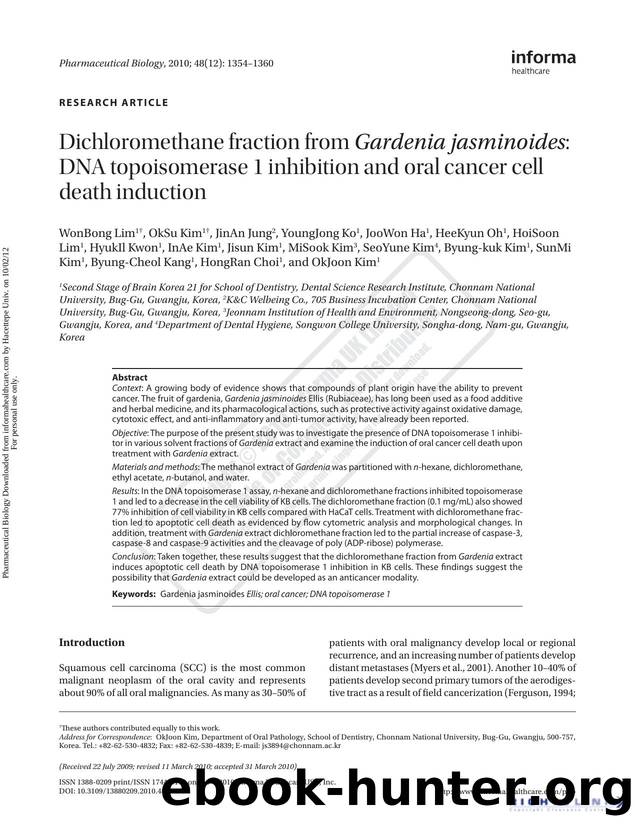Dichloromethane fraction from Gardenia jasminoides: DNA topoisomerase 1 inhibition and oral cancer cell death induction by unknow