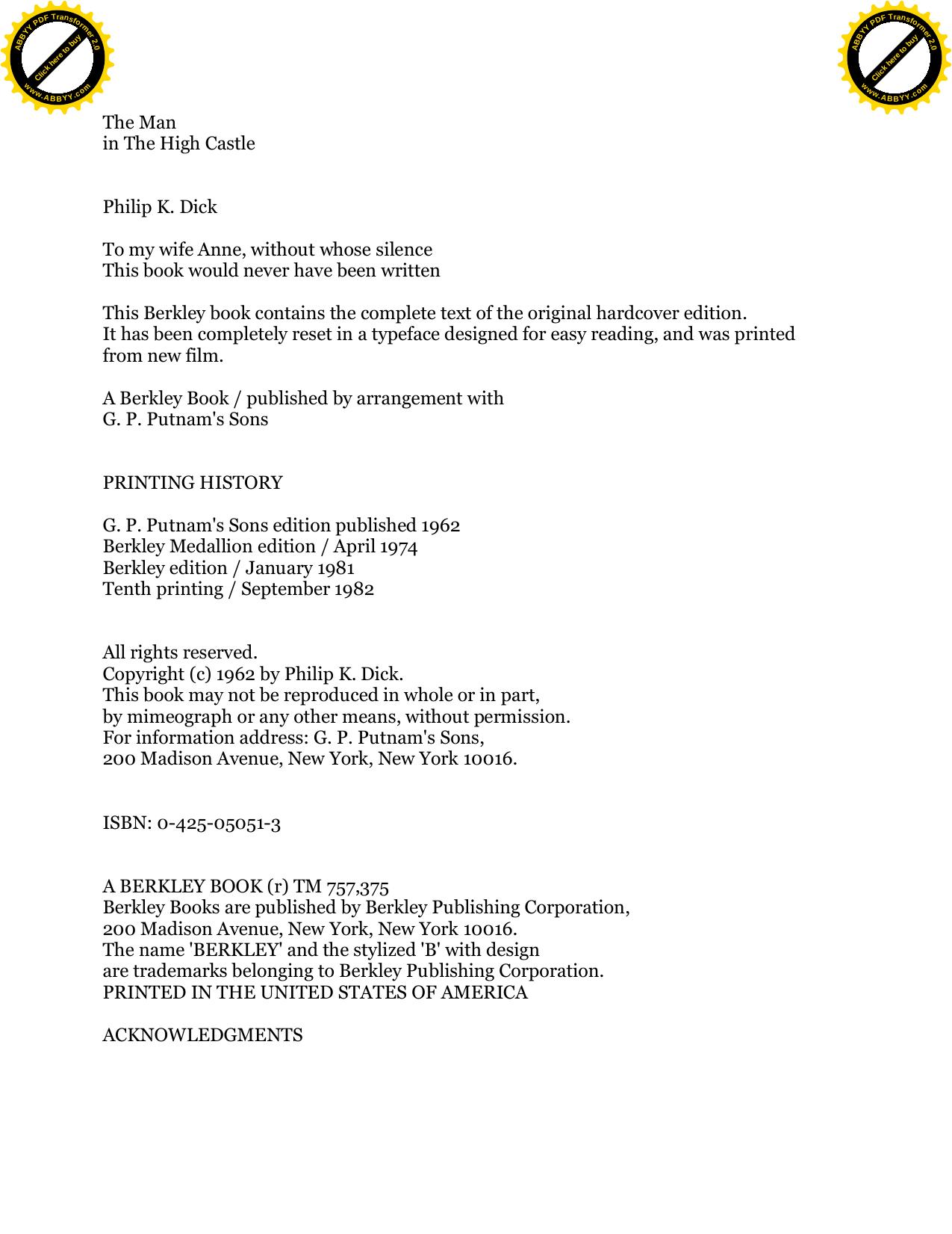 Dick, Philip K by The Man in the High Castle