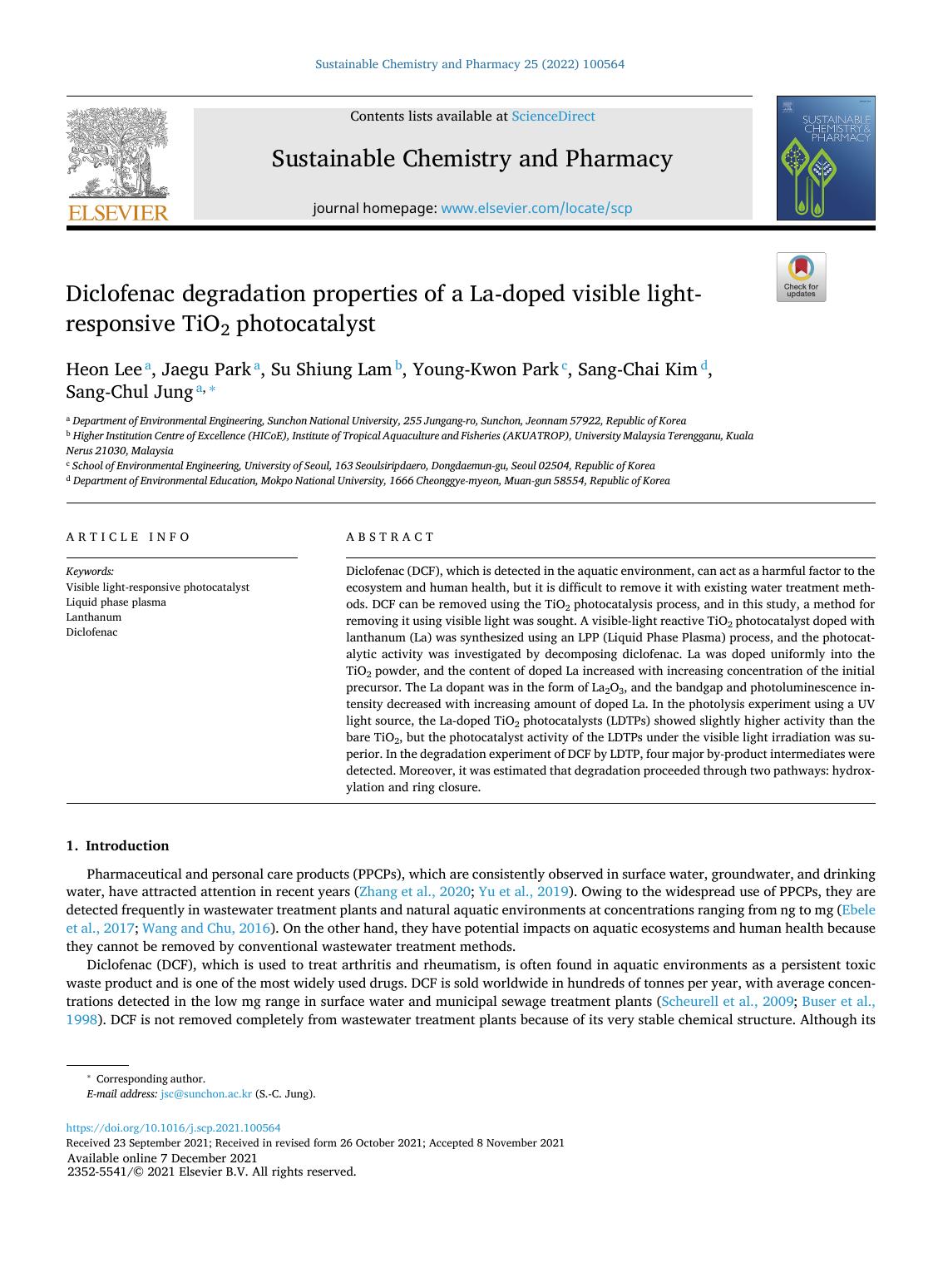 Diclofenac degradation properties of a La-doped visible light-responsive TiO2 photocatalyst by Heon Lee & Jaegu Park & Su Shiung Lam & Young-Kwon Park & Sang-Chai Kim & Sang-Chul Jung