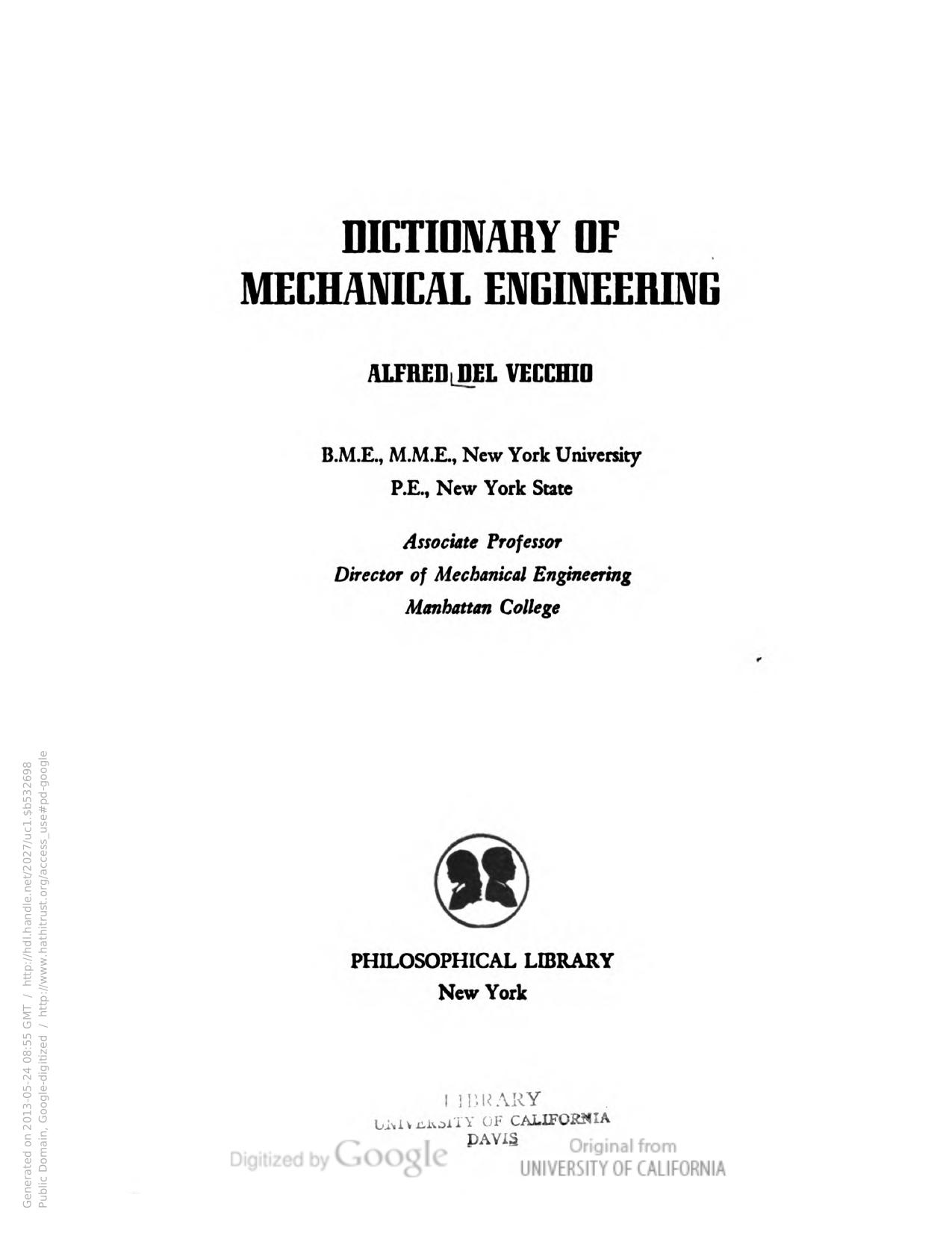 Dictionary of mechanical engineering by Alfred Del Vecchio