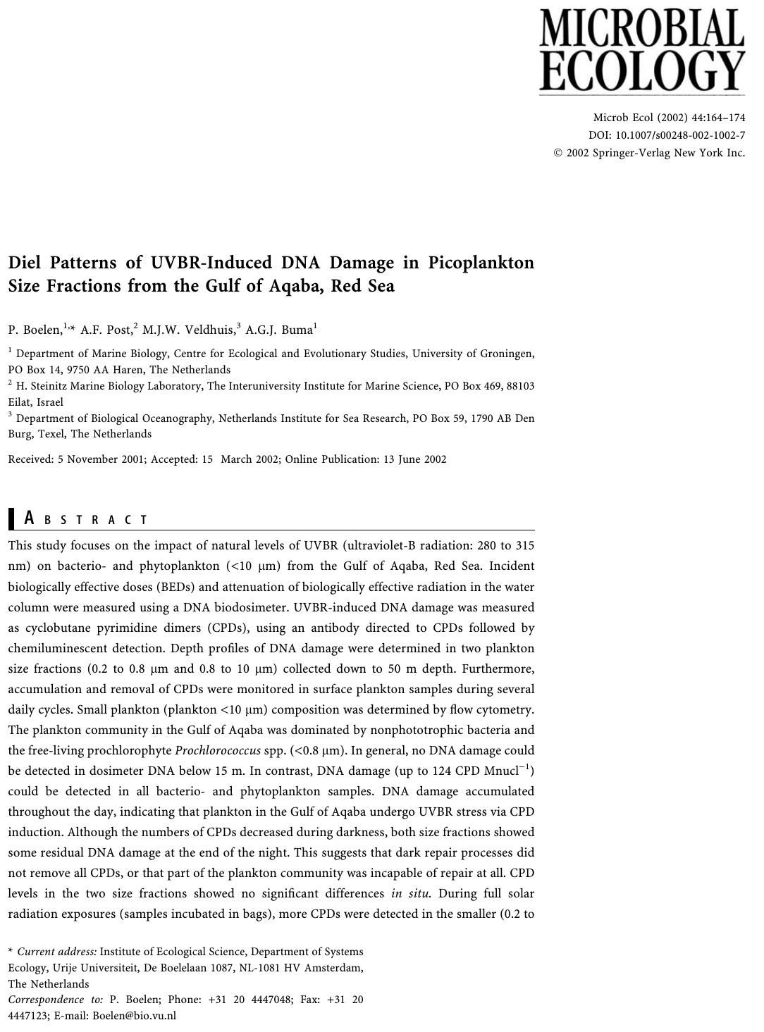 Diel Patterns of UVBR-Induced DNA Damage in Picoplankton Size Fractions from the Gulf of Aqaba, Red Sea by Boelen P. et al