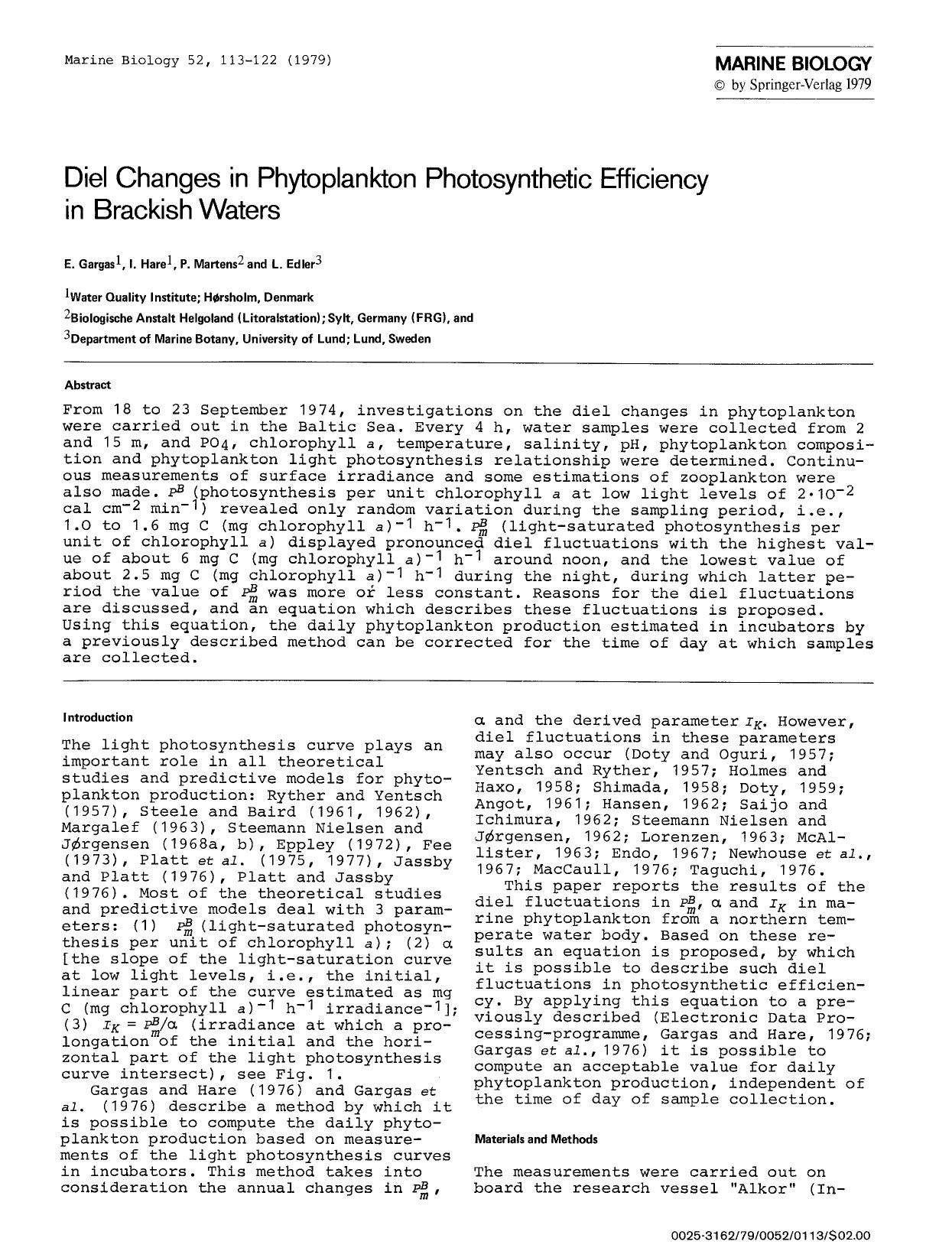 Diel changes in phytoplankton photosynthetic efficiency in Brackish waters by Unknown
