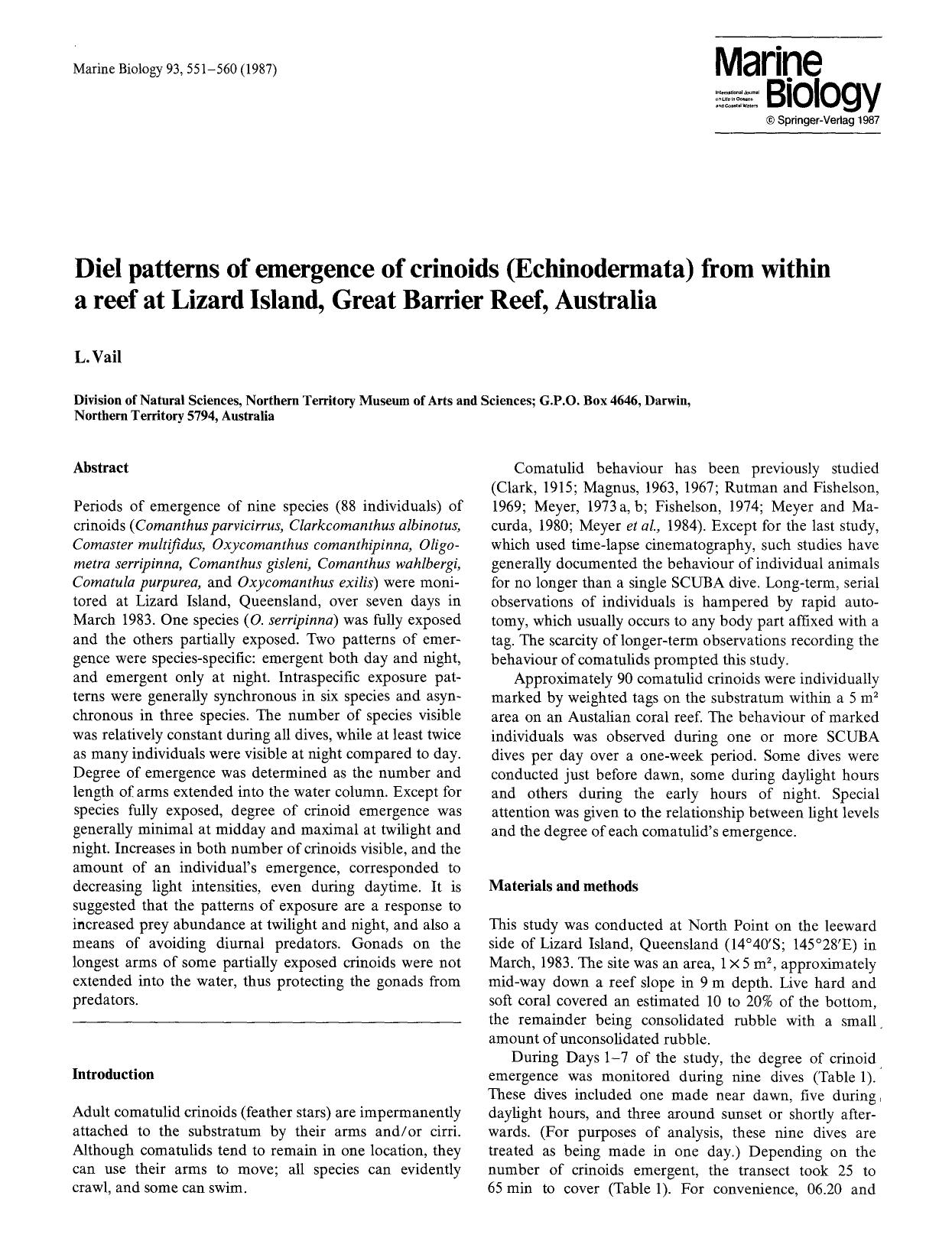 Diel patterns of emergence of crinoids (Echinodermata) from within a reef at Lizard Island, Great Barrier Reef, Australia by Unknown