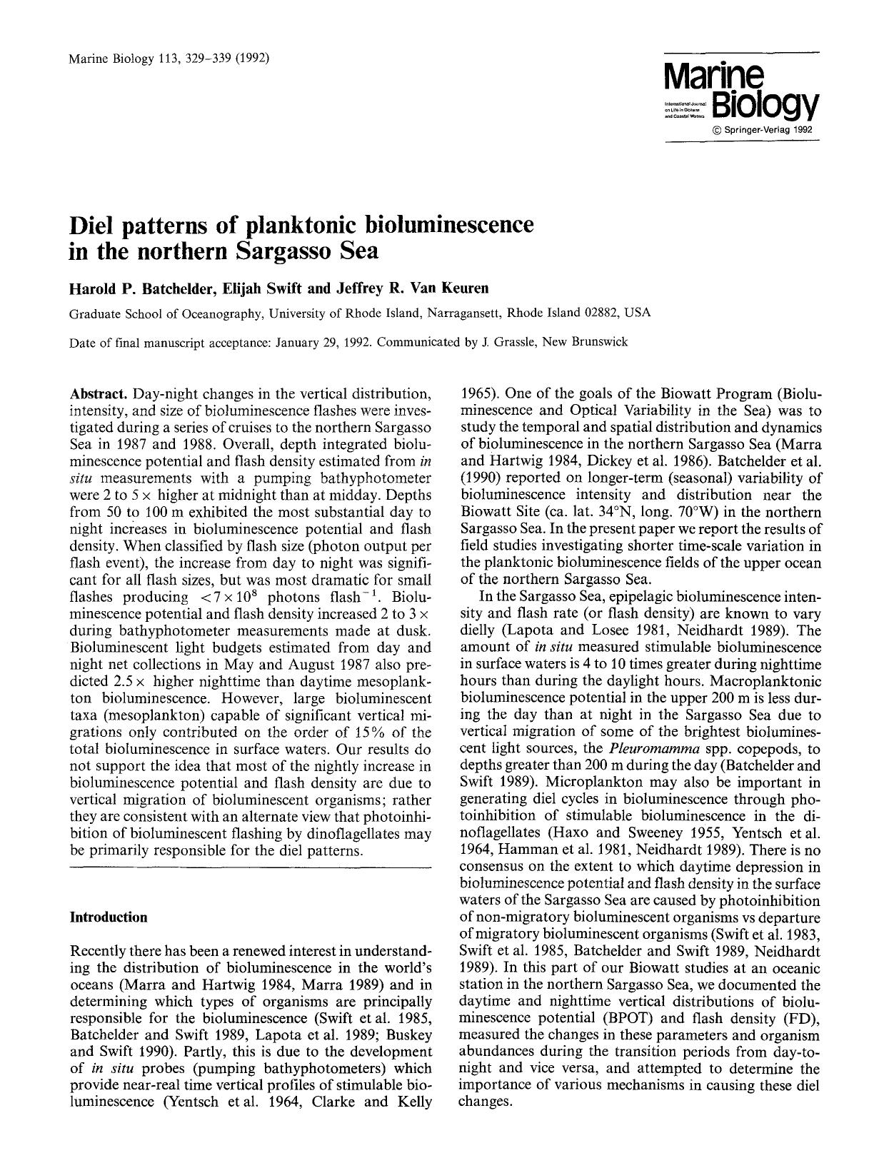 Diel patterns of planktonic bioluminescence in the northern Sargasso Sea by Unknown
