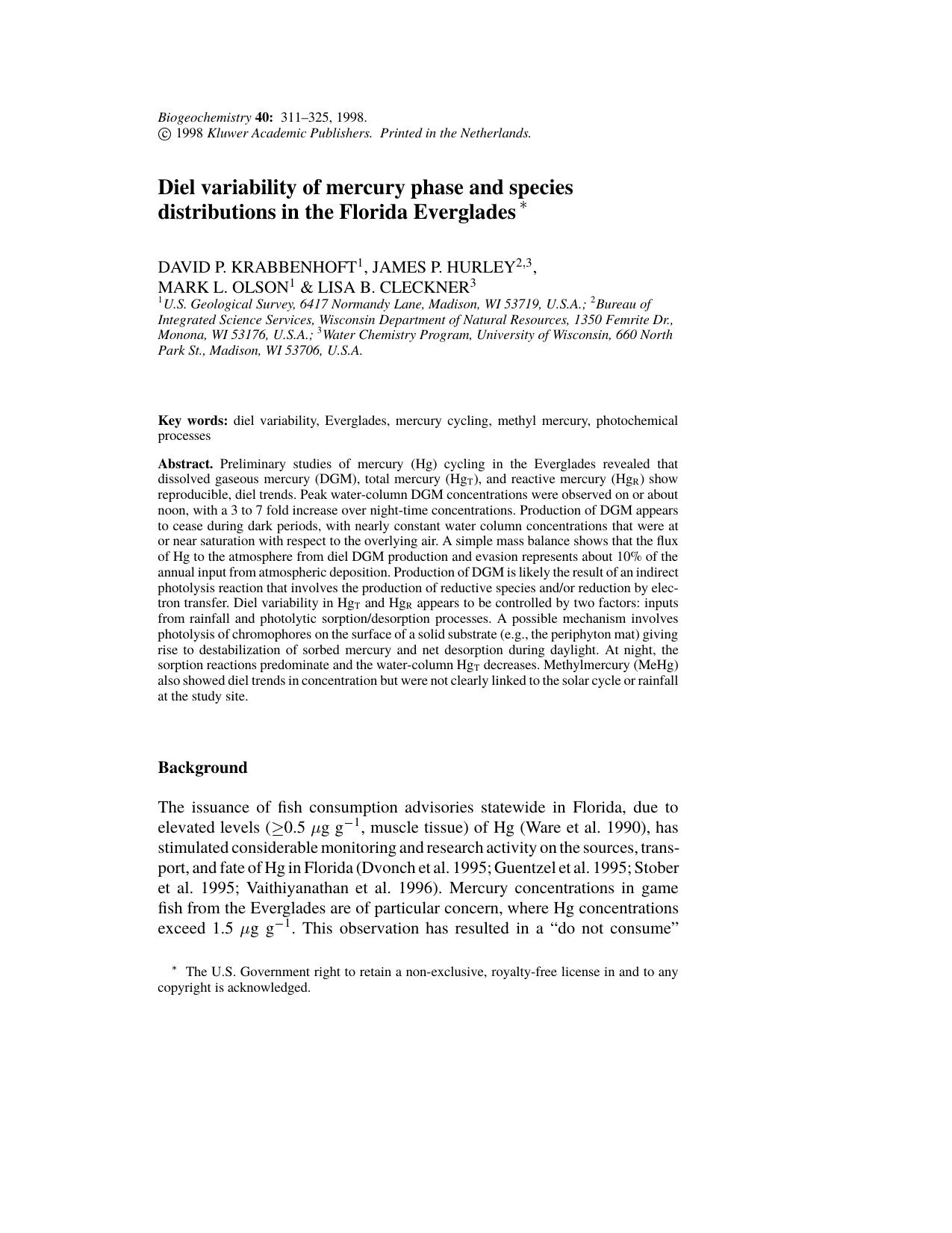 Diel variability of mercury phase and species distributions in the Florida Everglades by Unknown