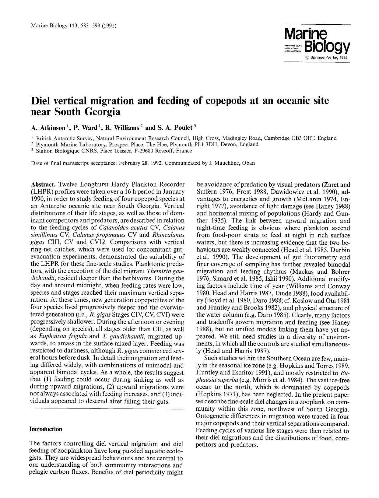 Diel vertical migration and feeding of copepods at an oceanic site near South Georgia by Unknown
