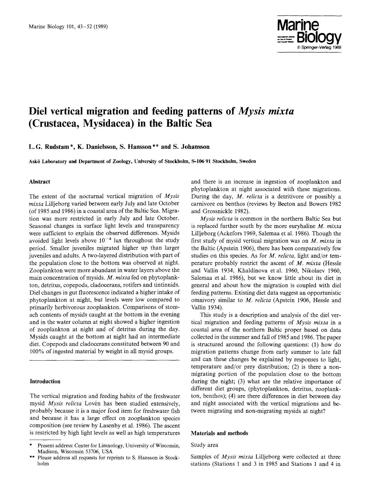 Diel vertical migration and feeding patterns of <Emphasis Type="Italic">Mysis mixta<Emphasis> (Crustacea, Mysidacea) in the Baltic Sea by Unknown