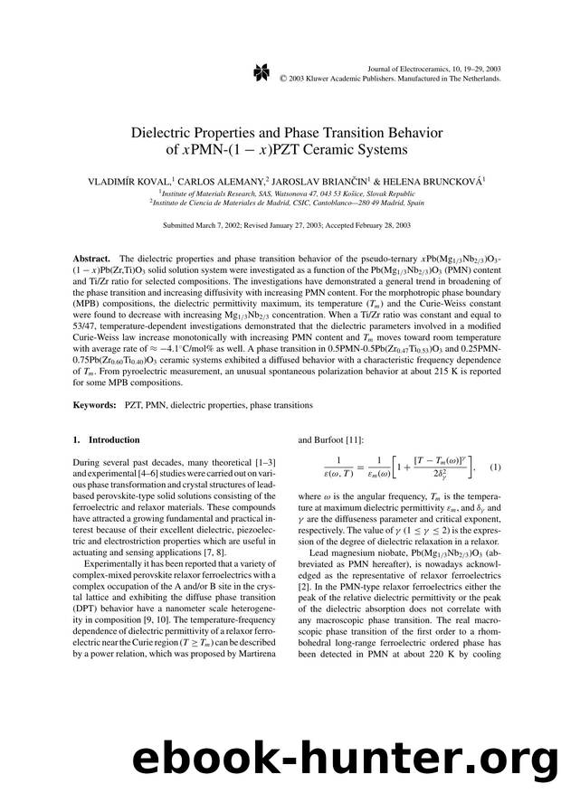 Dielectric Properties and Phase Transition Behavior of <Emphasis Type="Italic">x<Emphasis>PMN-(1 &#x2212; <Emphasis Type="Italic">x<Emphasis>)PZT Ceramic Systems by Unknown