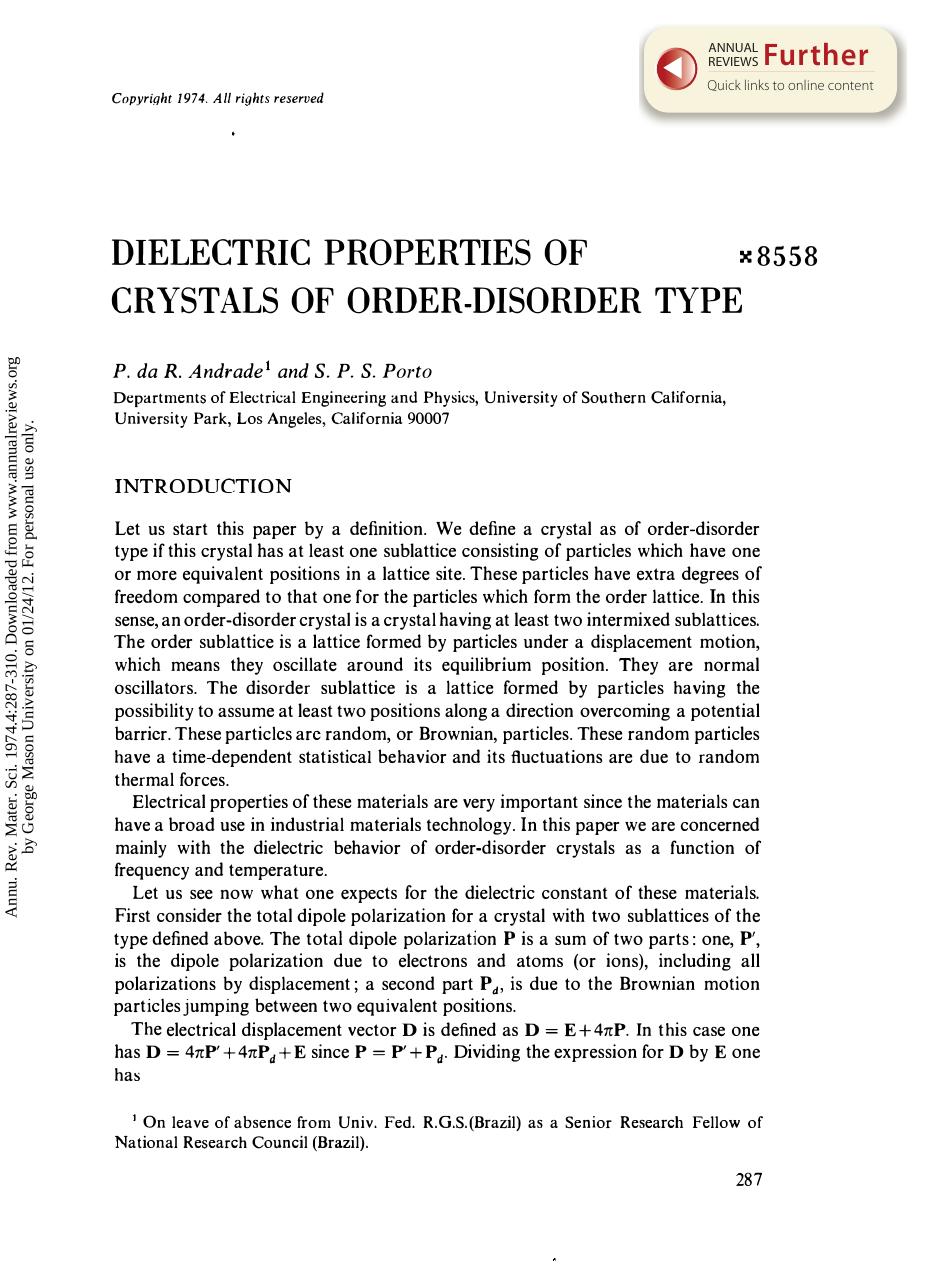 Dielectric Properties of Crystals of Order-Disorder Type by P R Andrade & S P S Porto