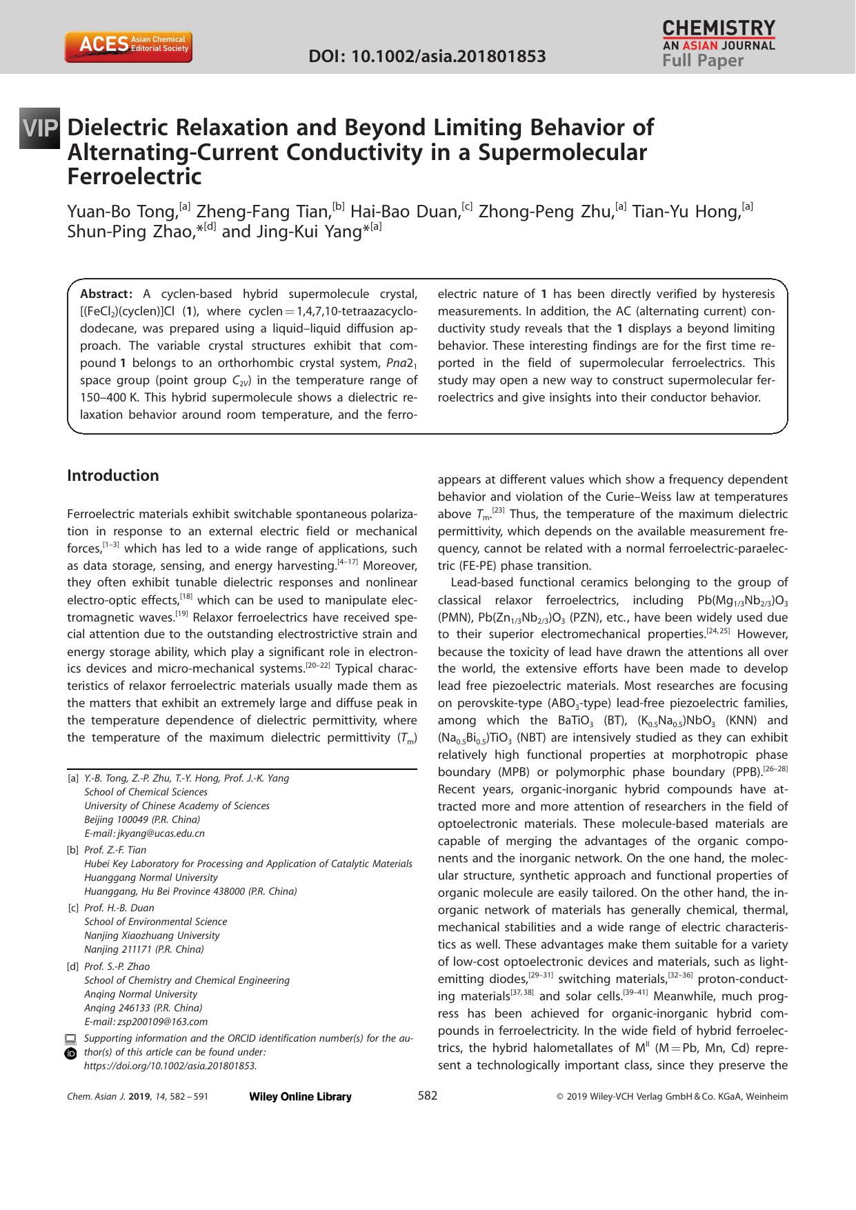 Dielectric Relaxation and Beyond Limiting Behavior of AlternatingâCurrent Conductivity in a Supermolecular Ferroelectric by Unknown