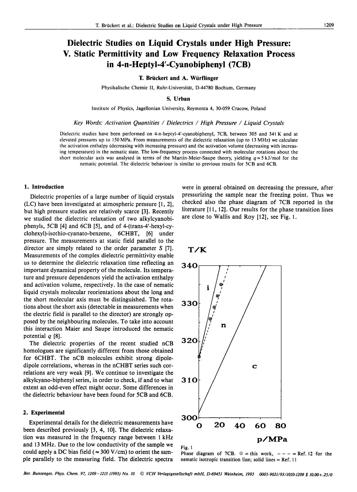 Dielectric Studies on Liquid Crystals under High Pressure: V. Static Permittivity and Low Frequency Relaxation Process in 4-n-Heptyl-4'-Cyanobiphenyl (7CB) by Unknown