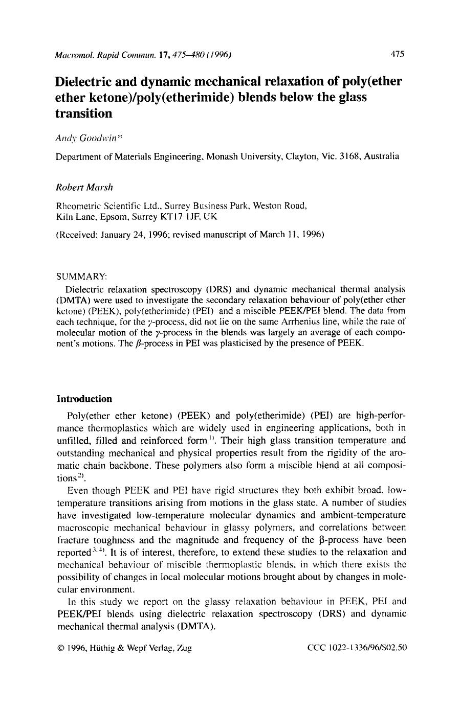 Dielectric and dynamic mechanical relaxation of poly(ether ether ketone)poly(etherimide) blends below the glass transition by Unknown