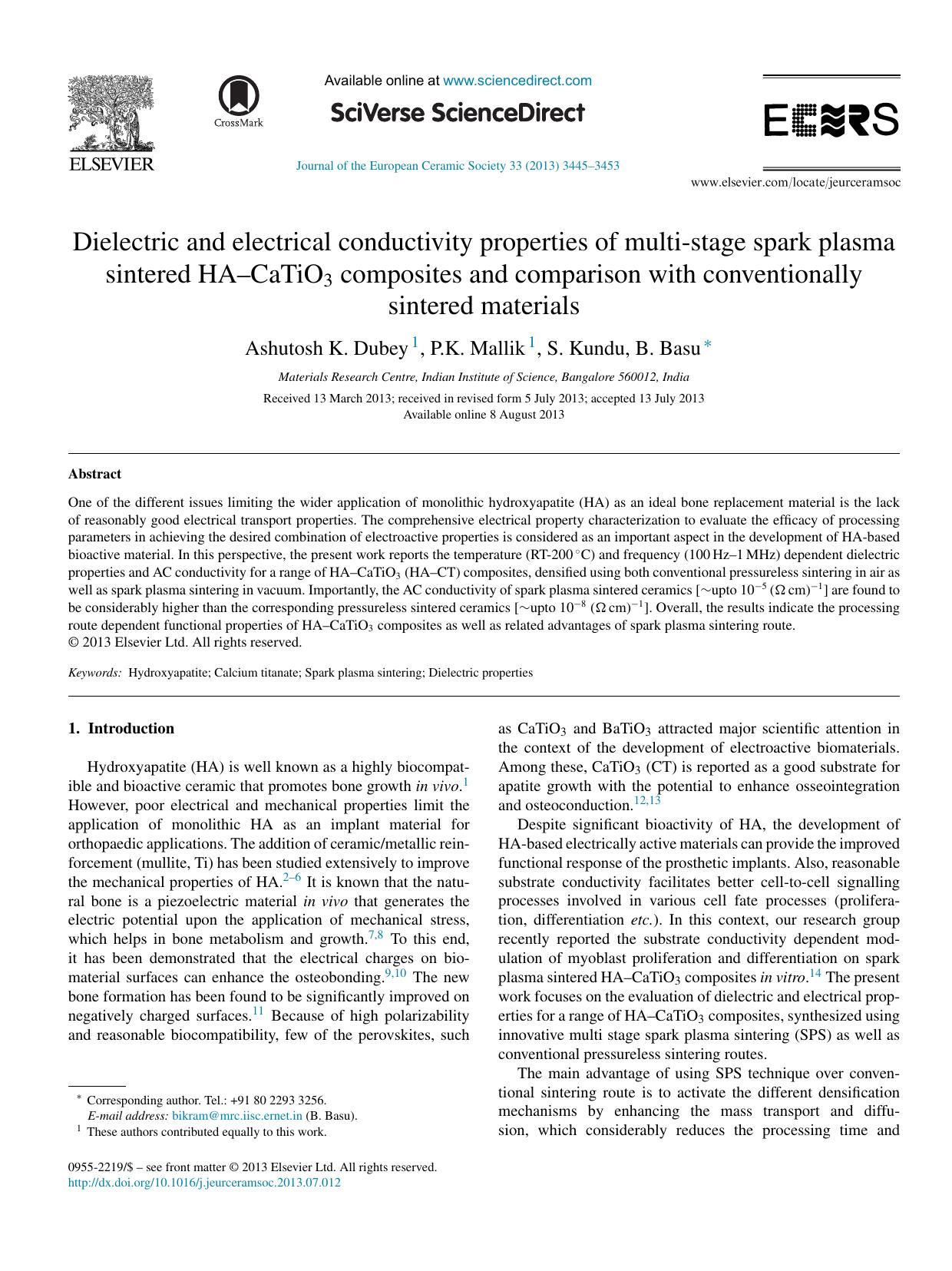Dielectric and electrical conductivity properties of multi-stage spark plasma sintered HAâCaTiO3 composites and comparison with conventionally sintered materials by Ashutosh K. Dubey