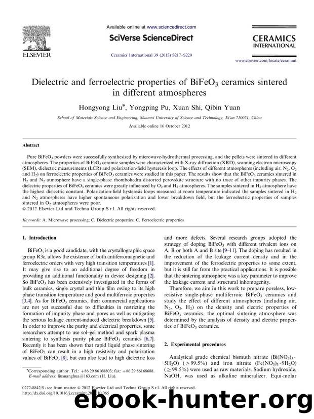 Dielectric and ferroelectric properties of BiFeO3 ceramics sintered in different atmospheres by Hongyong Liu & Yongping Pu & Xuan Shi & Qibin Yuan