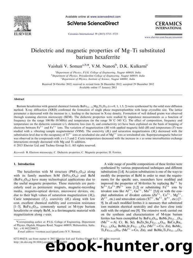 Dielectric and magnetic properties of MgâTi substituted barium hexaferrite by Vaishali V. Soman & V.M. Nanoti & D.K. Kulkarni