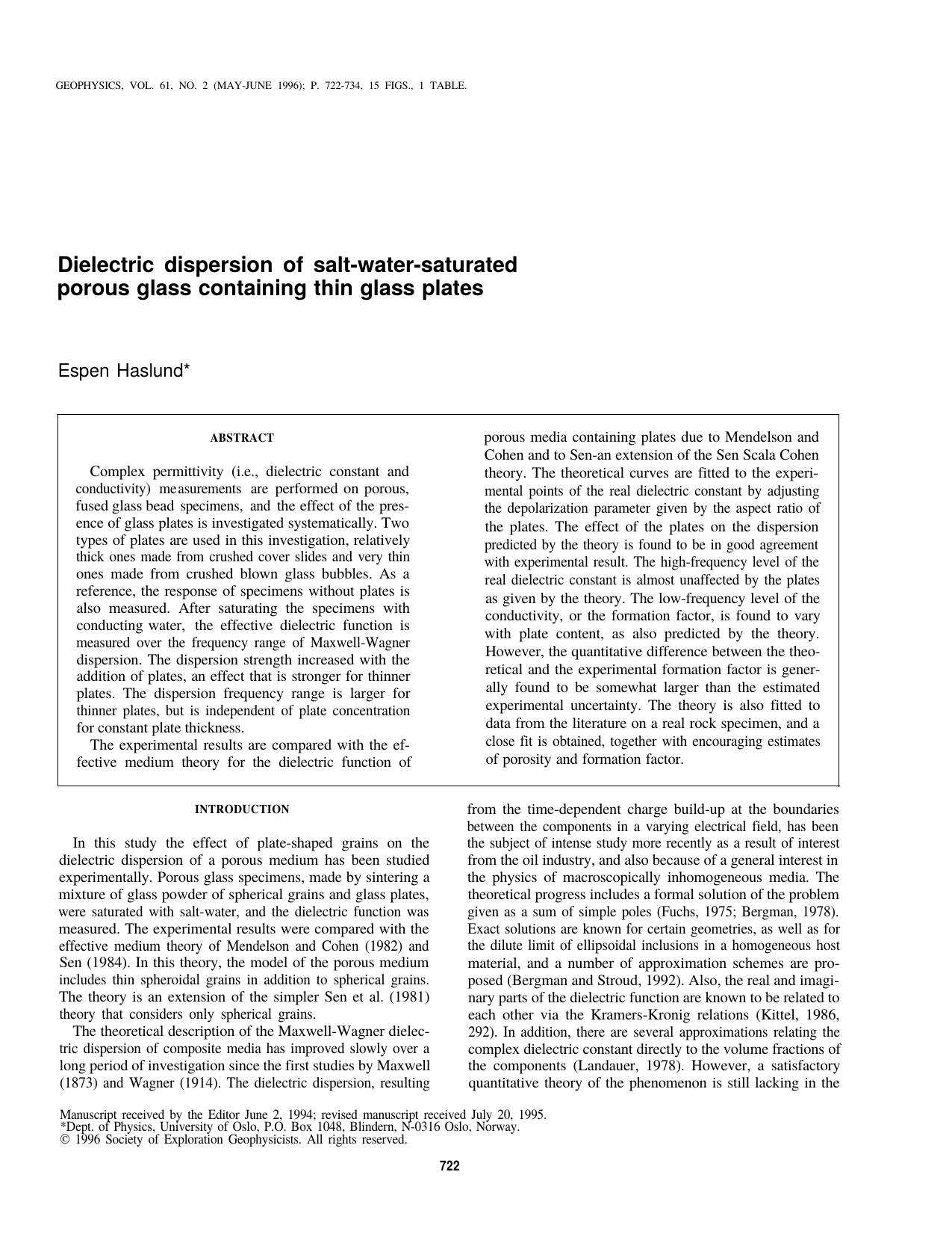 Dielectric dispersion of salt-water saturated porous glass containing thin glass plates by E. Haslund