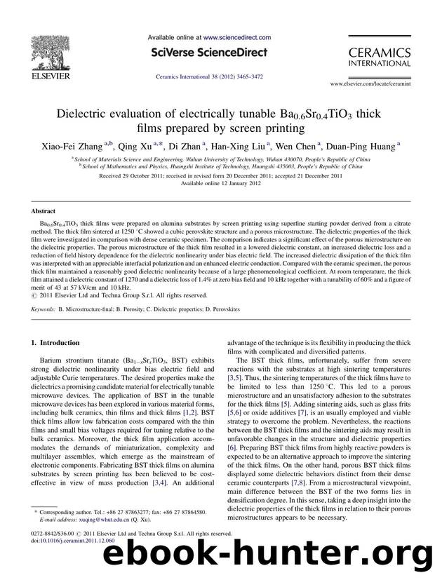 Dielectric evaluation of electrically tunable Ba0.6Sr0.4TiO3 thick films prepared by screen printing by Xiao-Fei Zhang