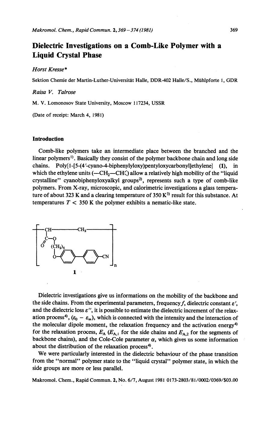 Dielectric investigations on a comb-like polymer with a liquid crystal phase by Unknown