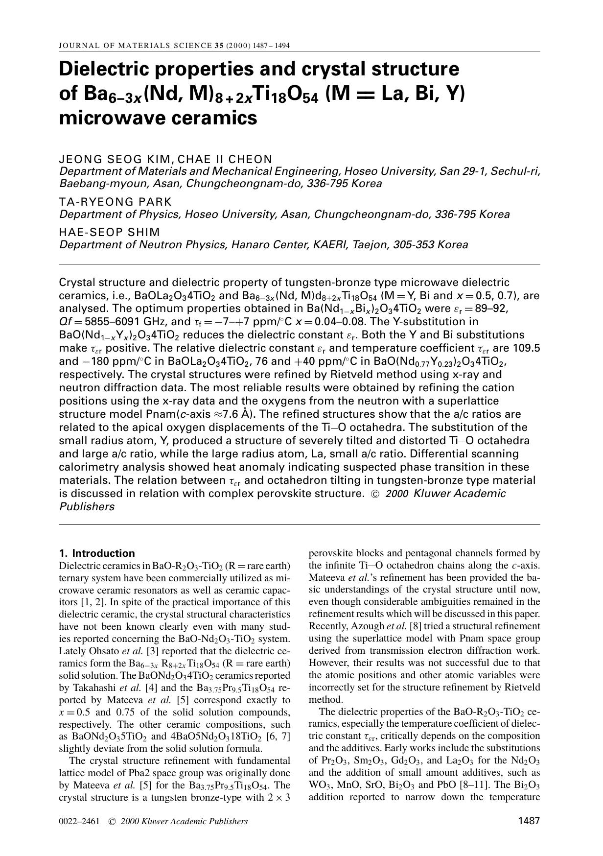 Dielectric properties and crystal structure of Ba6−3x(Nd, M)8+2xTi18O54 (M = La, Bi, Y) microwave ceramics by Unknown