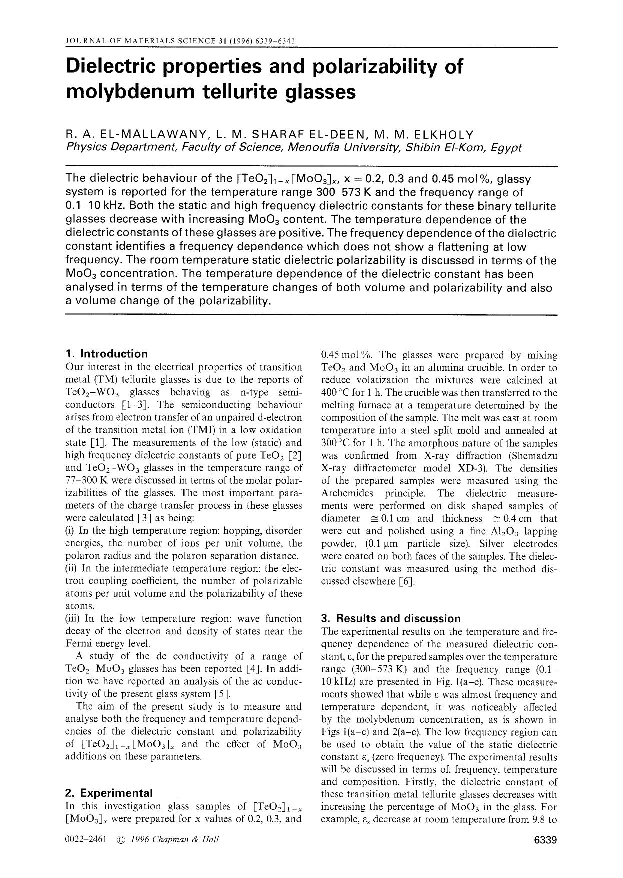 Dielectric properties and polarizability of molybdenum tellurite glasses by Unknown