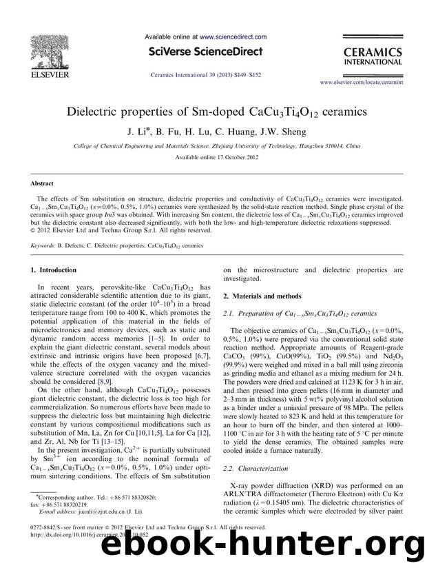 Dielectric properties of Sm-doped CaCu3Ti4O12 ceramics by J. Li & B. Fu & H. Lu & C. Huang & J.W. Sheng