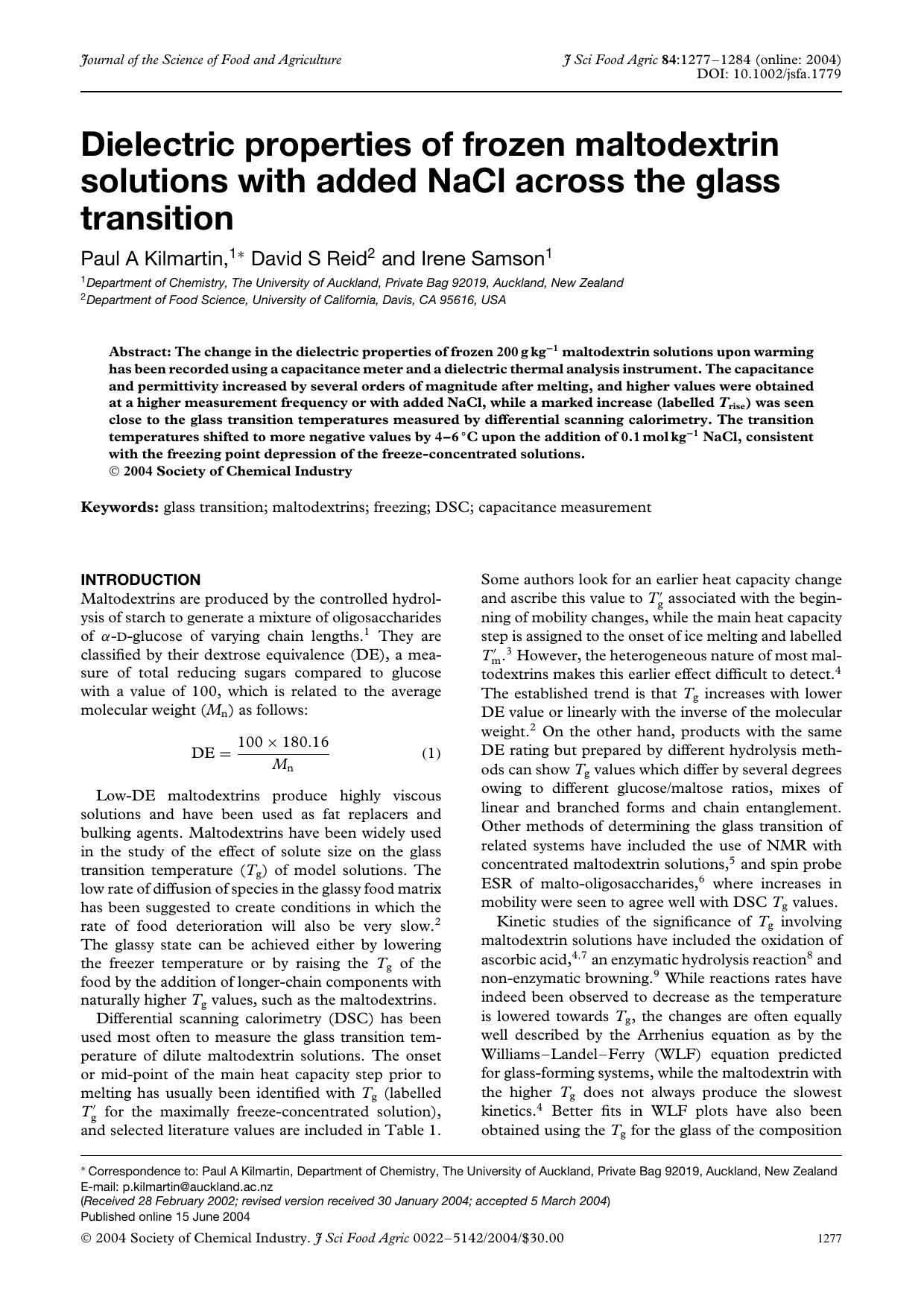 Dielectric properties of frozen maltodextrin solutions with added NaCl across the glass transition by Unknown