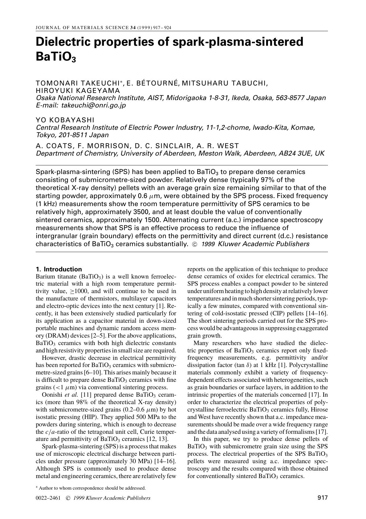 Dielectric properties of spark-plasma-sintered BaTiO3 by Unknown