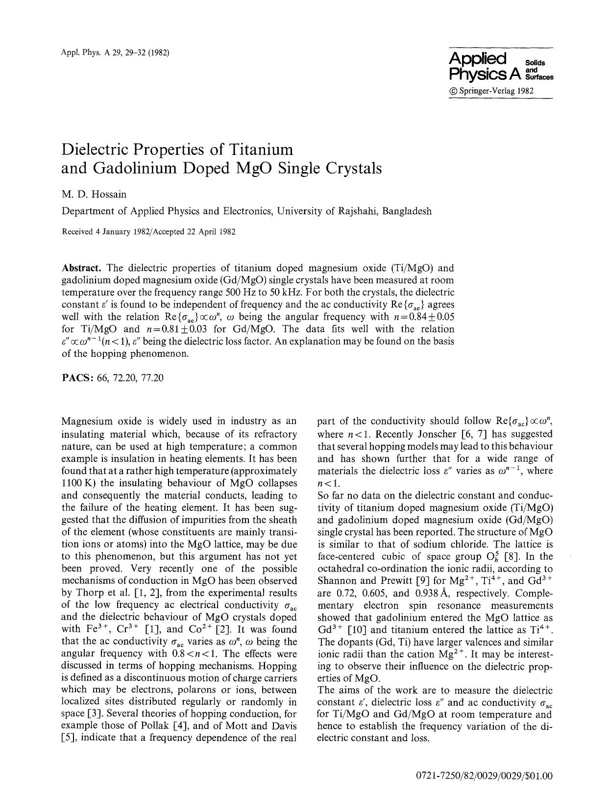 Dielectric properties of titanium and gadolinium doped MgO single crystals by Unknown