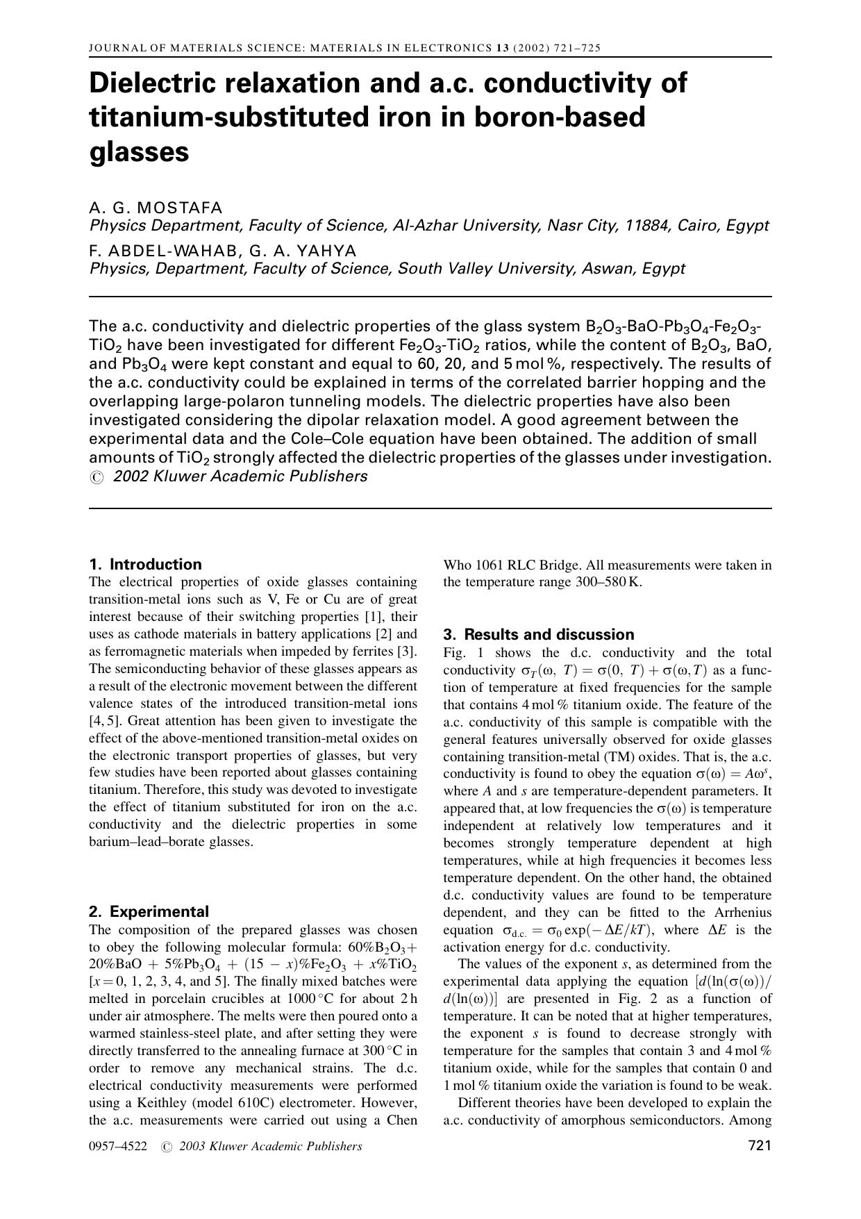 Dielectric relaxation and a.c. conductivity of titanium-substituted iron in boron-based glasses by Unknown