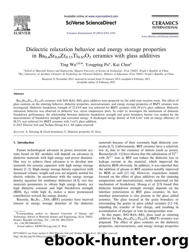 Dielectric relaxation behavior and energy storage properties in Ba0.4Sr0.6Zr0.15Ti0.85O3 ceramics with glass additives by Ting Wu & Yongping Pu & Kai Chen