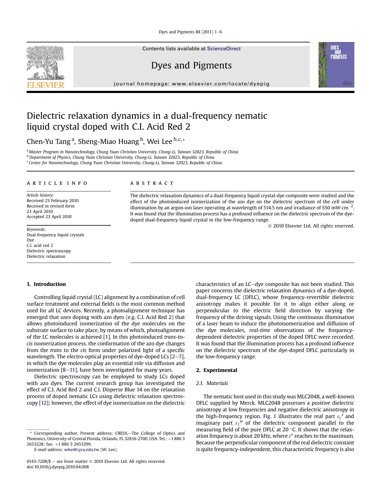 Dielectric relaxation dynamics in a dual-frequency nematic liquid crystal doped with C.I. Acid Red 2 by Chen-Yu Tang & Sheng-Miao Huang & Wei Lee