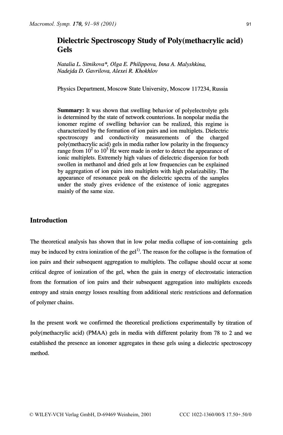 Dielectric spectroscopy study of poly(methacrylic acid) gels by Lutz Bıttger
