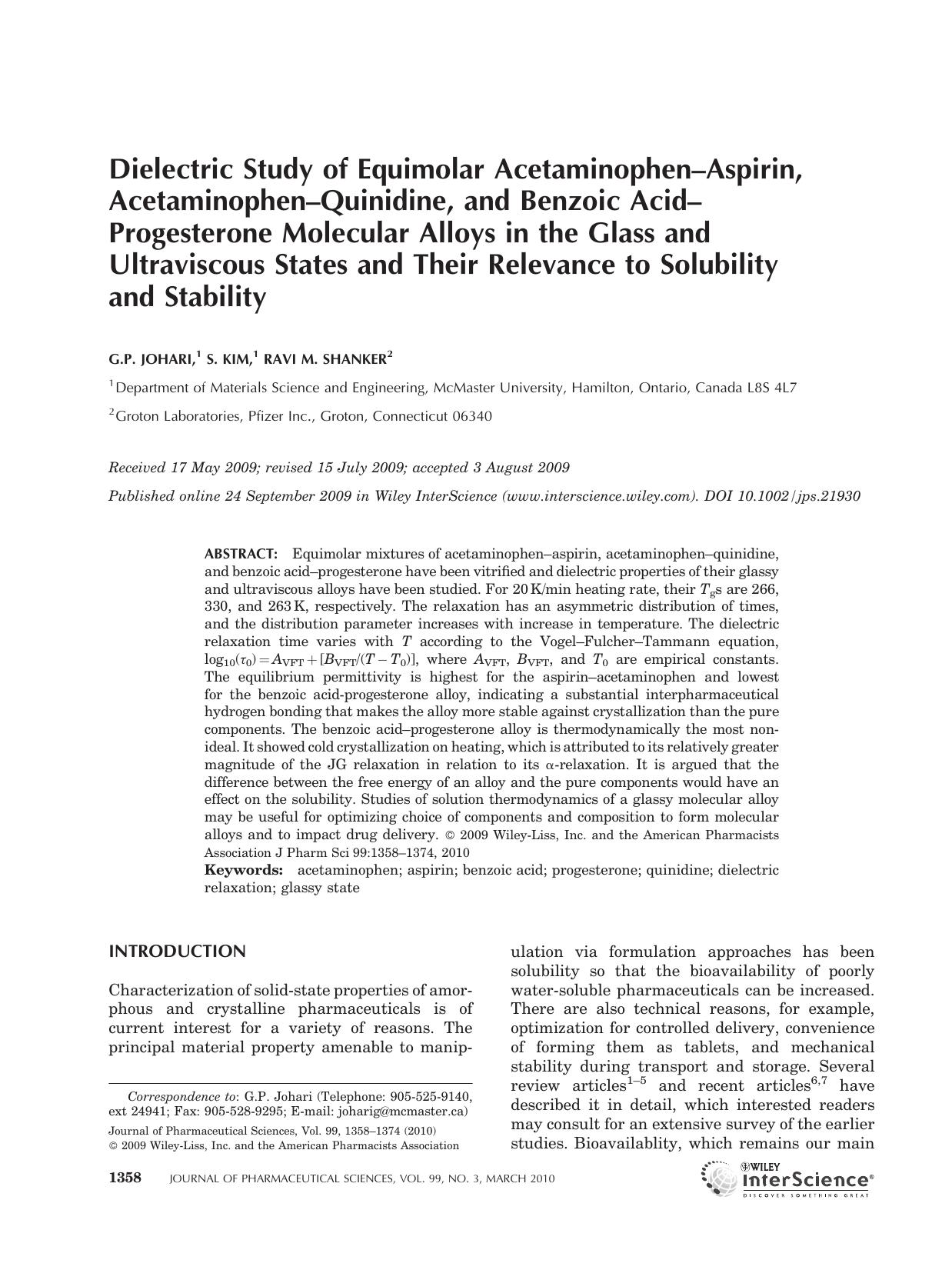 Dielectric study of equimolar acetaminophen-aspirin, acetaminophen-quinidine, and benzoic acid-progesterone molecular alloys in the glass and ultraviscous states and their relevanc by Unknown
