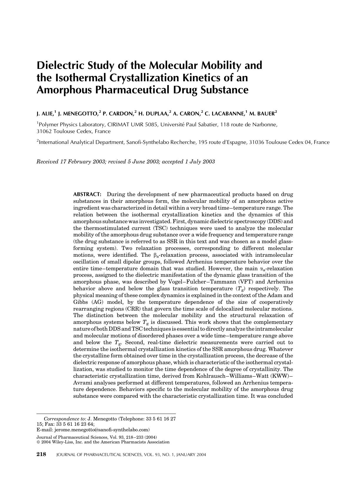 Dielectric study of the molecular mobility and the isothermal crystallization kinetics of an amorphous pharmaceutical drug substance by Unknown